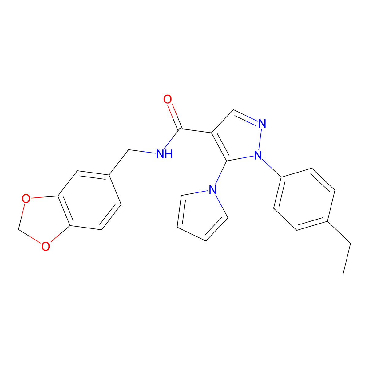 N-(benzo[d][1,3]dioxol-5-ylmethyl)-1-(4-ethylphenyl)-5-(1H-pyrrol-1-yl)-1H-pyrazole-4-carboxamide molecular structure, CAS 1207018-59-4