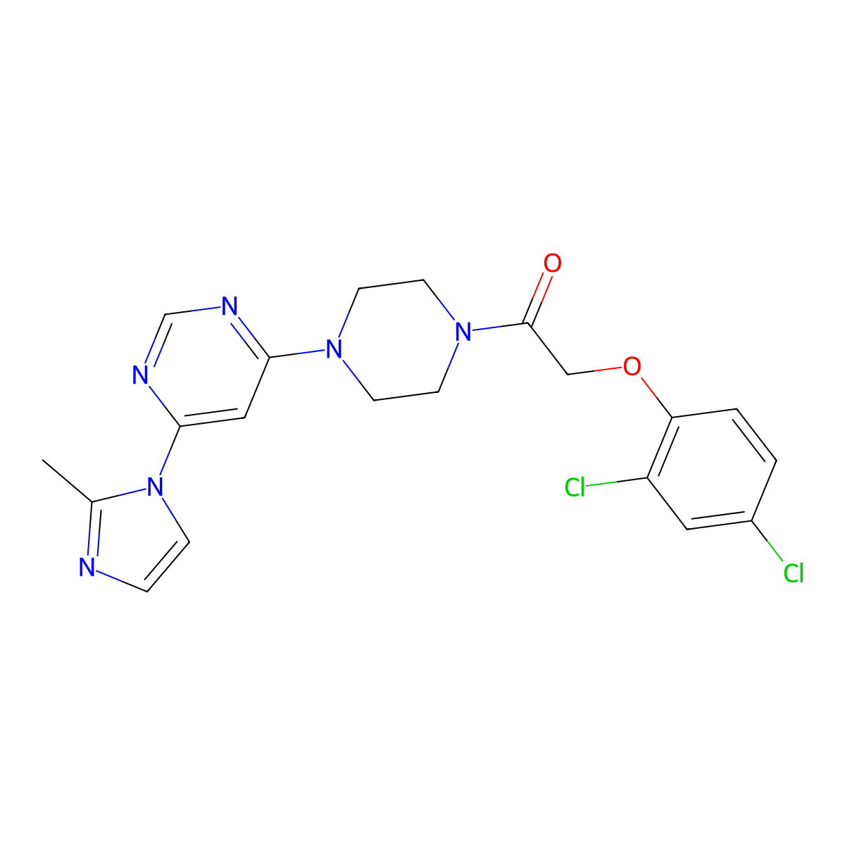 2-(2,4-dichlorophenoxy)-1-(4-(6-(2-methyl-1H-imidazol-1-yl)pyrimidin-4-yl)piperazin-1-yl)ethanone molecular structure, CAS 1207018-91-4