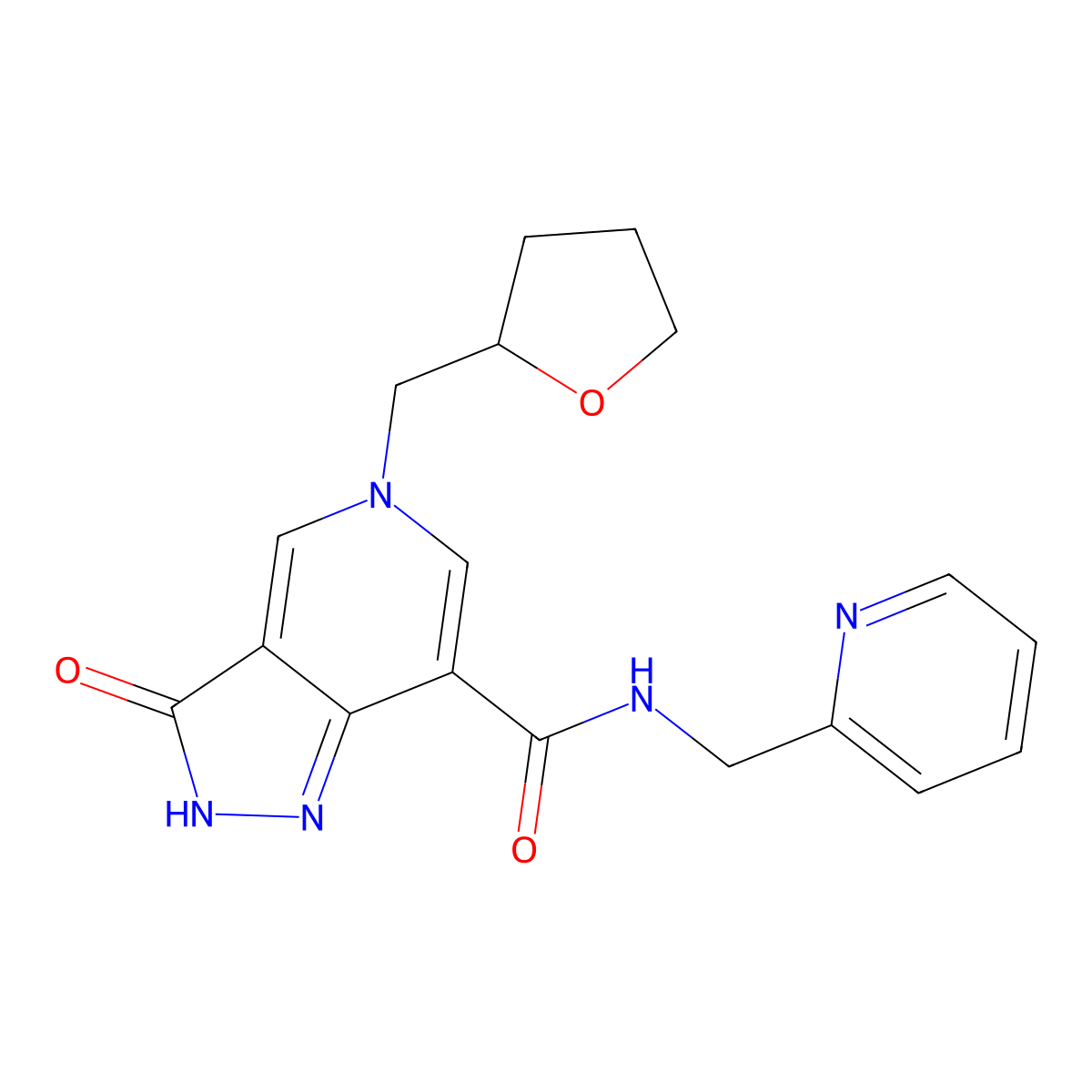 3-oxo-N-(pyridin-2-ylmethyl)-5-((tetrahydrofuran-2-yl)methyl)-3,5-dihydro-2H-pyrazolo[4,3-c]pyridine-7-carboxamide molecular structure, CAS 1207019-08-6