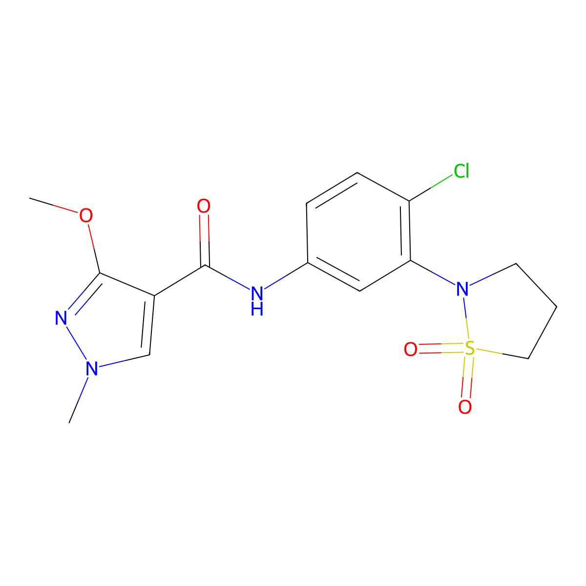 N-(4-chloro-3-(1,1-dioxidoisothiazolidin-2-yl)phenyl)-3-methoxy-1-methyl-1H-pyrazole-4-carboxamide molecular structure, CAS 1207019-23-5