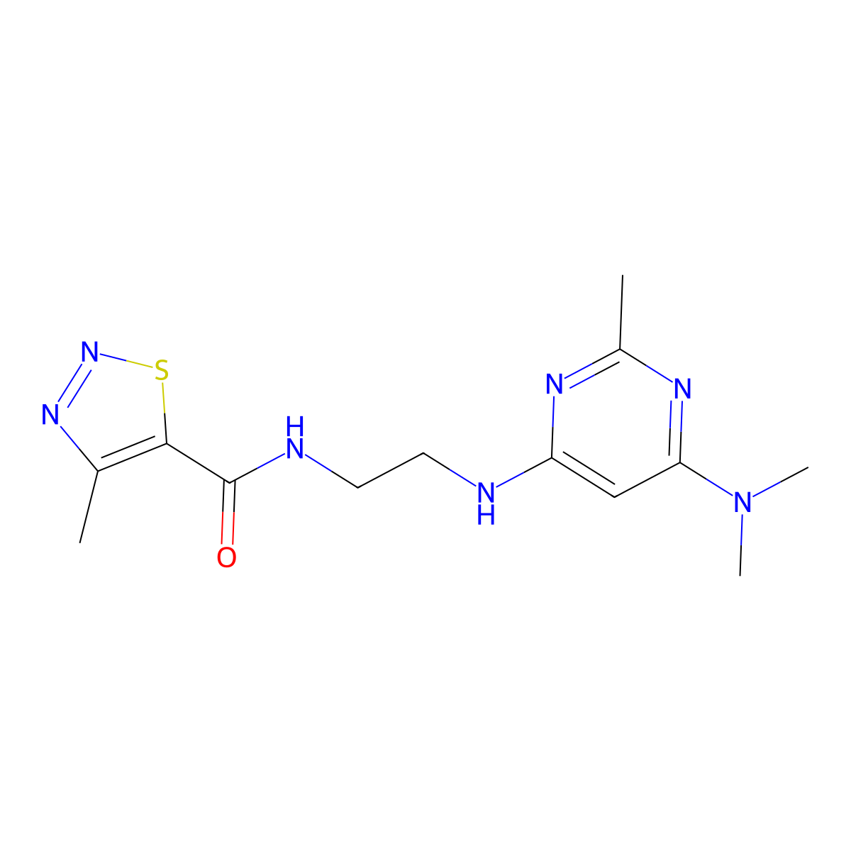 N-(2-{[6-(dimethylamino)-2-methylpyrimidin-4-yl]amino}ethyl)-4-methyl-1,2,3-thiadiazole-5-carboxamide molecular structure, CAS 1207019-32-6