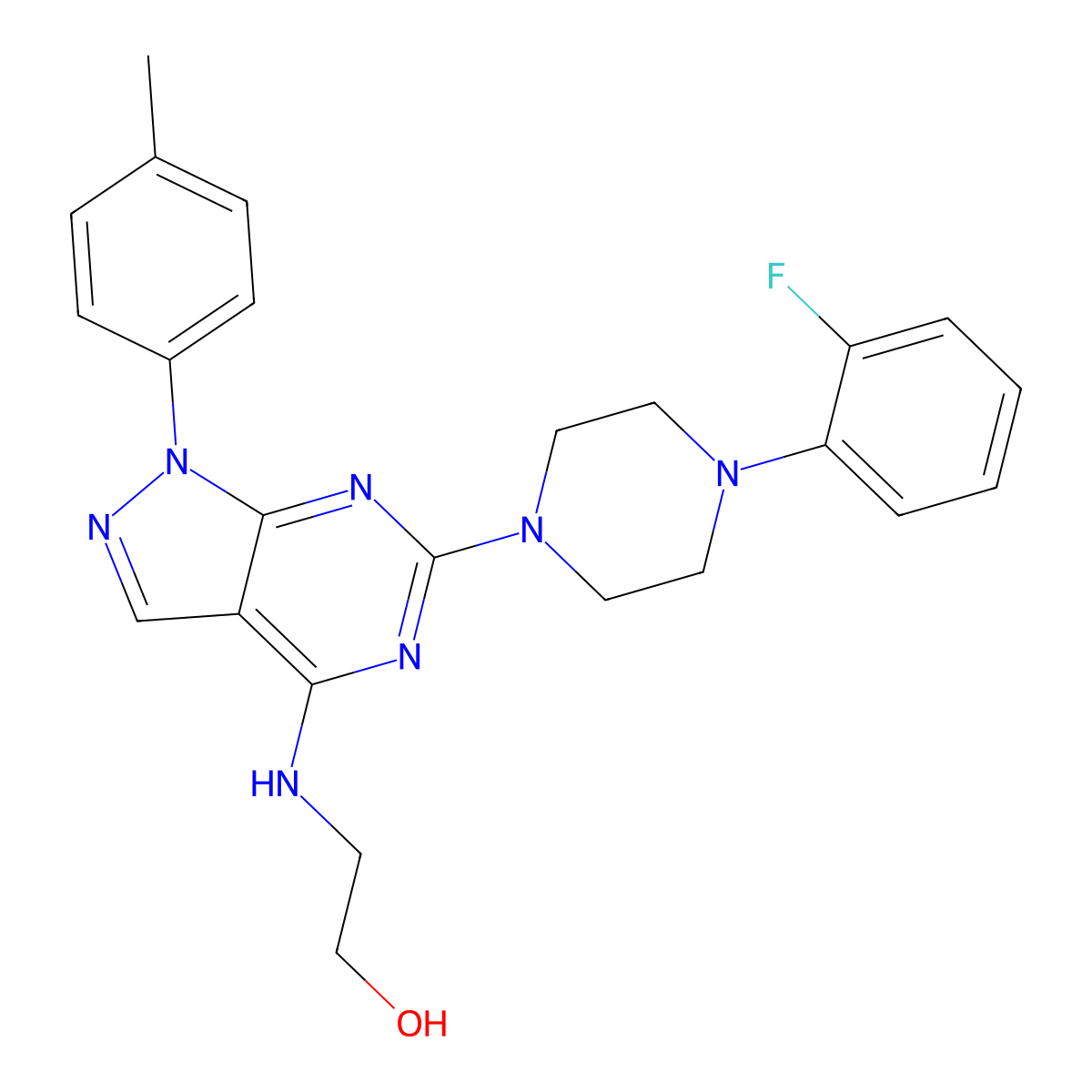 2-((6-(4-(2-fluorophenyl)piperazin-1-yl)-1-(p-tolyl)-1H-pyrazolo[3,4-d]pyrimidin-4-yl)amino)ethanol molecular structure, CAS 1207019-38-2