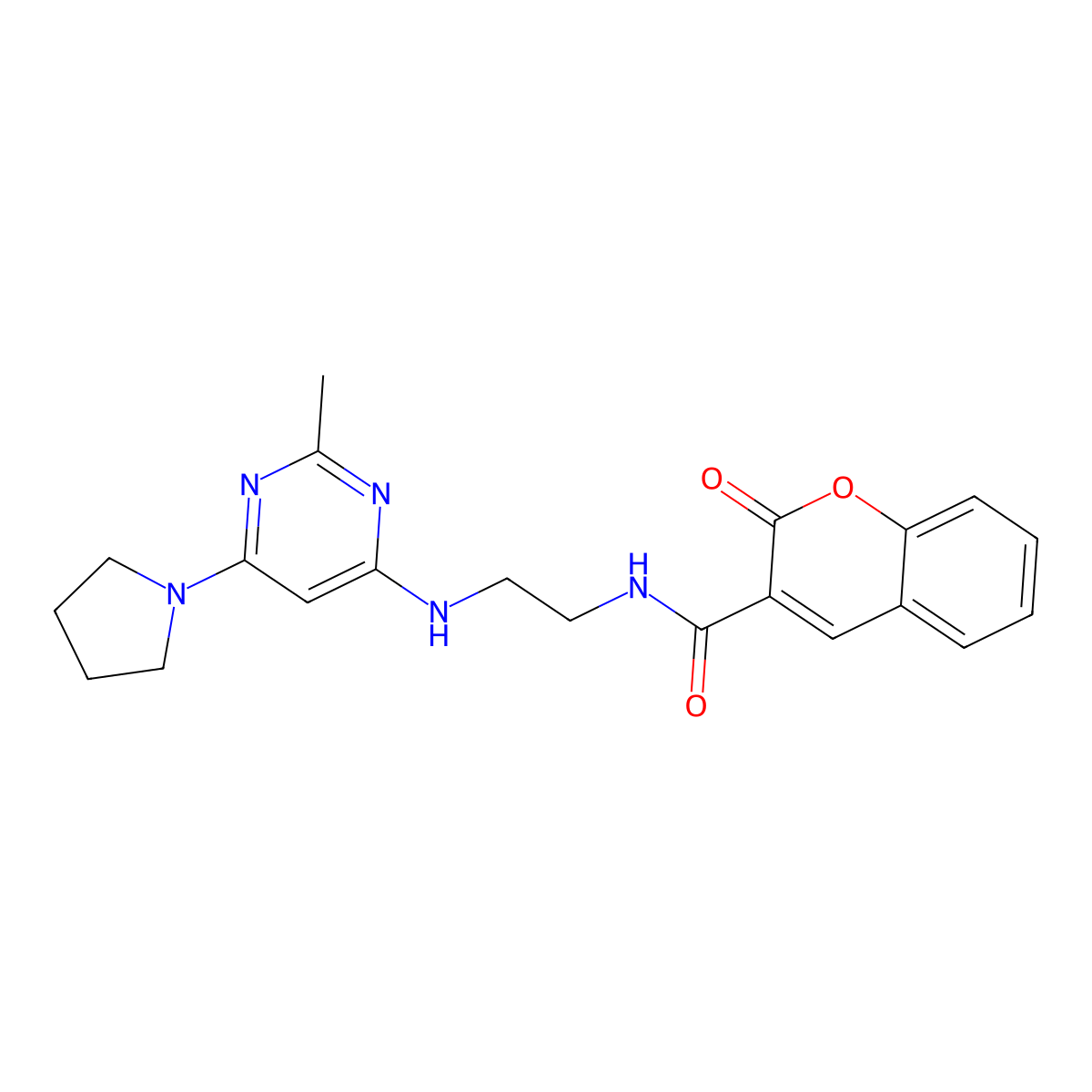 N-(2-((2-methyl-6-(pyrrolidin-1-yl)pyrimidin-4-yl)amino)ethyl)-2-oxo-2H-chromene-3-carboxamide molecular structure, CAS 1207019-40-6