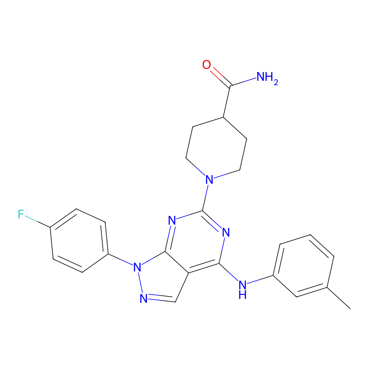 1-(1-(4-fluorophenyl)-4-(m-tolylamino)-1H-pyrazolo[3,4-d]pyrimidin-6-yl)piperidine-4-carboxamide molecular structure, CAS 1207019-46-2