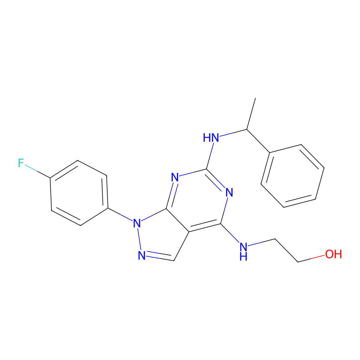 2-((1-(4-fluorophenyl)-6-((1-phenylethyl)amino)-1H-pyrazolo[3,4-d]pyrimidin-4-yl)amino)ethanol molecular structure, CAS 1207019-52-0