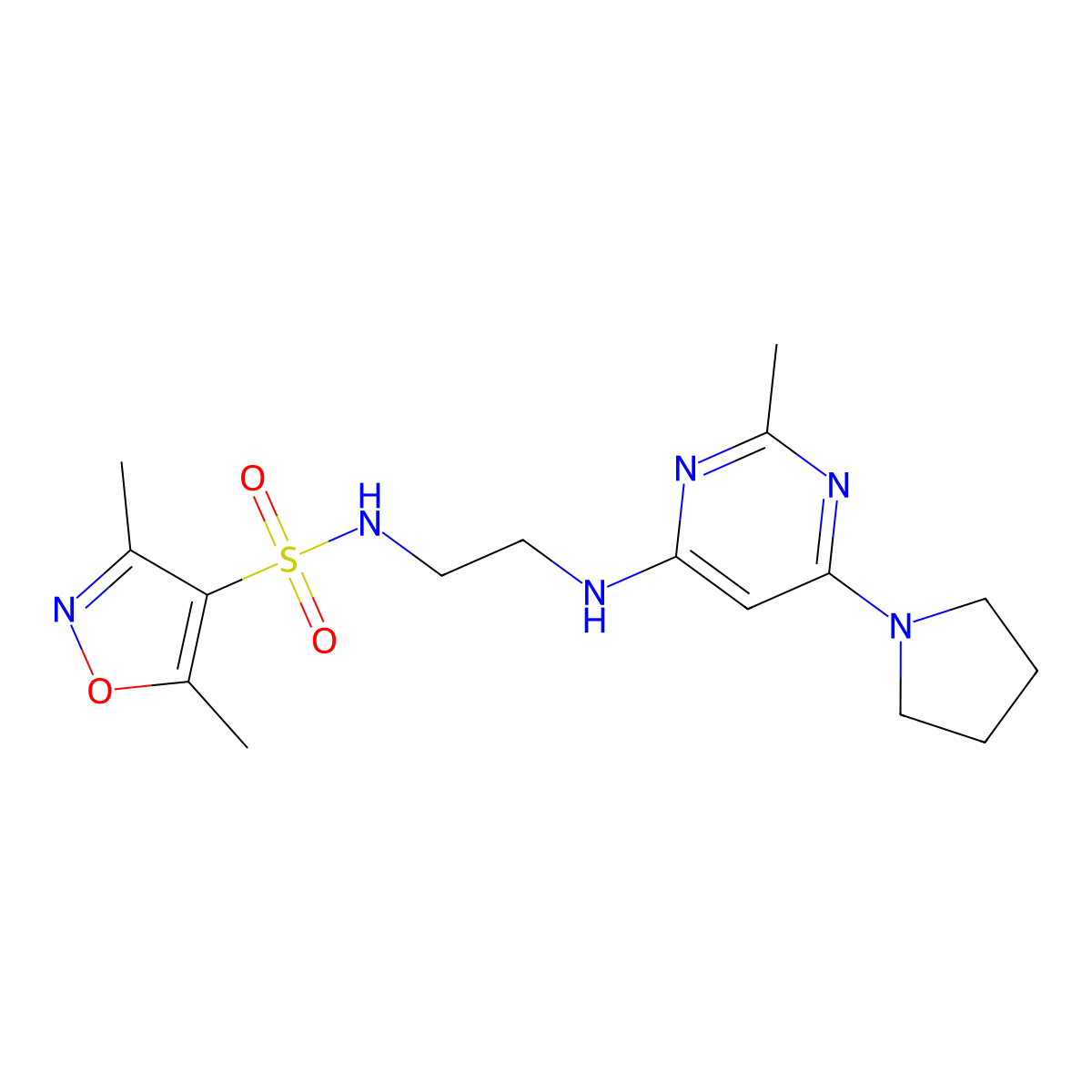 3,5-dimethyl-N-(2-((2-methyl-6-(pyrrolidin-1-yl)pyrimidin-4-yl)amino)ethyl)isoxazole-4-sulfonamide molecular structure, CAS 1207019-88-2