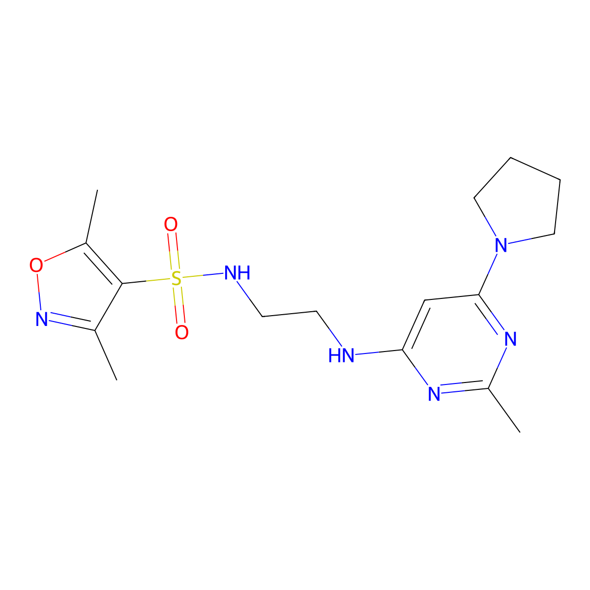 3,5-dimethyl-N-(2-((2-methyl-6-(pyrrolidin-1-yl)pyrimidin-4-yl)amino)ethyl)isoxazole-4-sulfonamide molecular structure, CAS 1207019-88-2