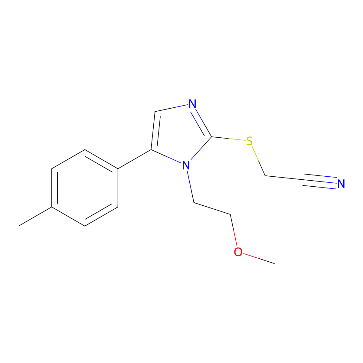 2-((1-(2-methoxyethyl)-5-(p-tolyl)-1H-imidazol-2-yl)thio)acetonitrile molecular structure, CAS 1207019-94-0