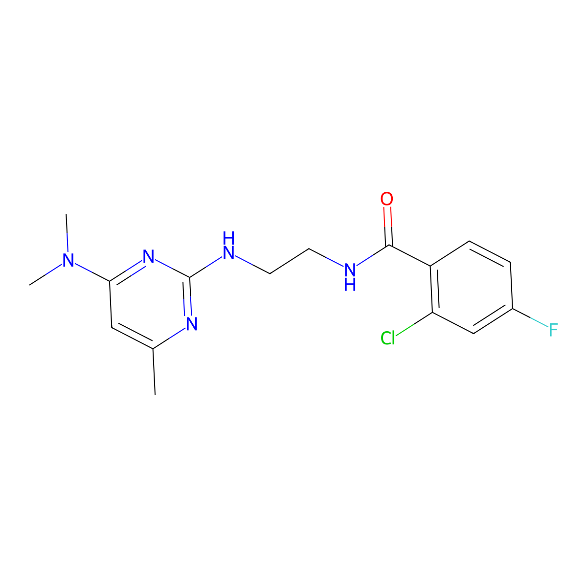 2-chloro-N-(2-((4-(dimethylamino)-6-methylpyrimidin-2-yl)amino)ethyl)-4-fluorobenzamide molecular structure, CAS 1207020-02-7