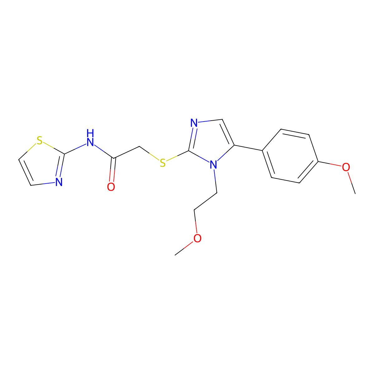 2-((1-(2-methoxyethyl)-5-(4-methoxyphenyl)-1H-imidazol-2-yl)thio)-N-(thiazol-2-yl)acetamide molecular structure, CAS 1207020-27-6