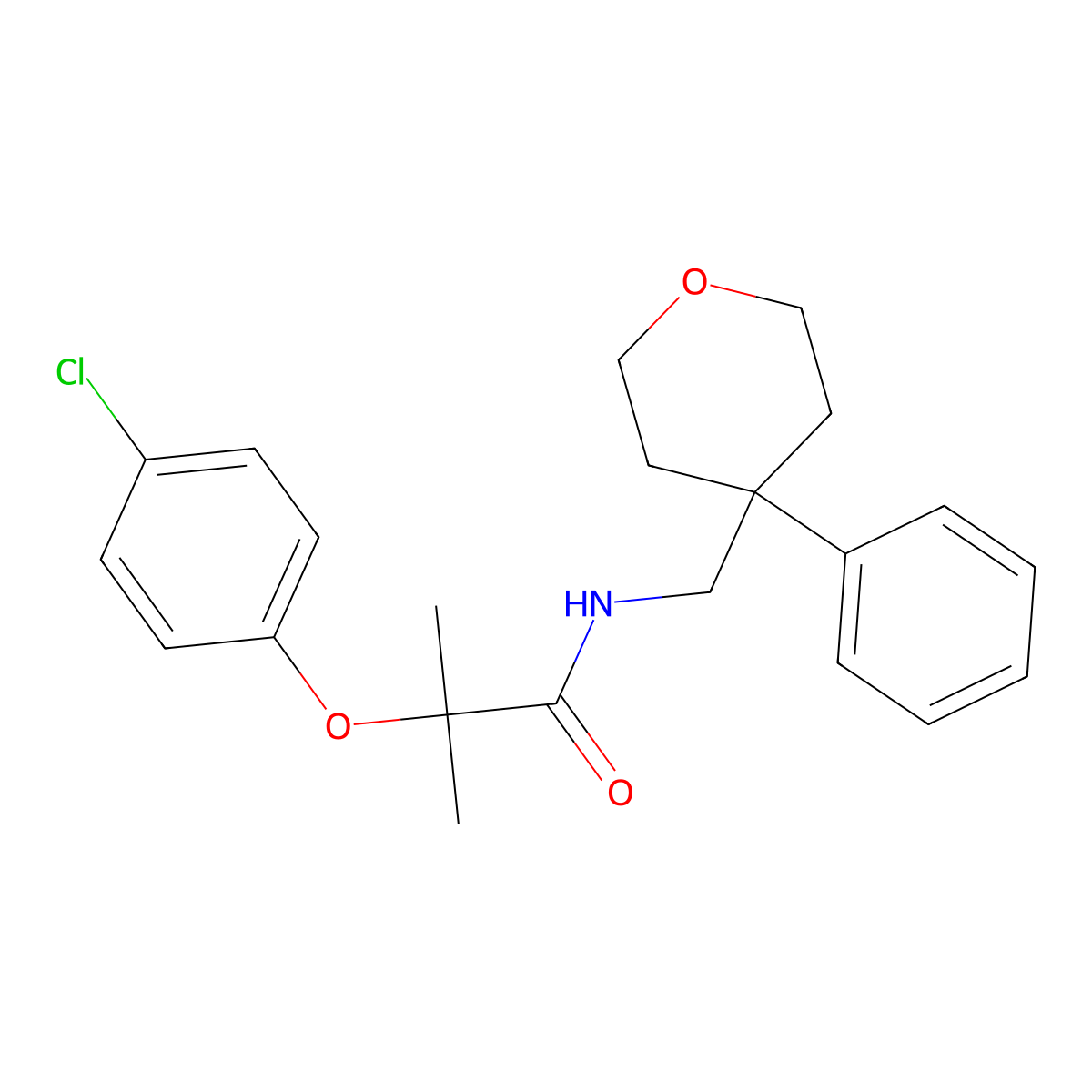 2-(4-chlorophenoxy)-2-methyl-N-((4-phenyltetrahydro-2H-pyran-4-yl)methyl)propanamide molecular structure, CAS 1207020-30-1