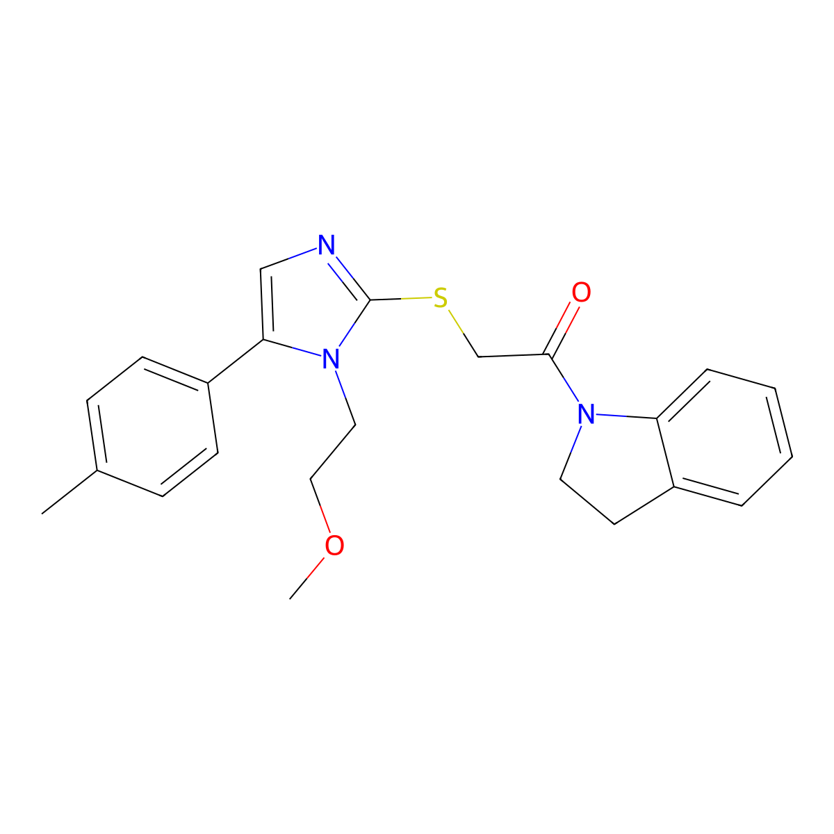 1-(indolin-1-yl)-2-((1-(2-methoxyethyl)-5-(p-tolyl)-1H-imidazol-2-yl)thio)ethanone molecular structure, CAS 1207020-35-6