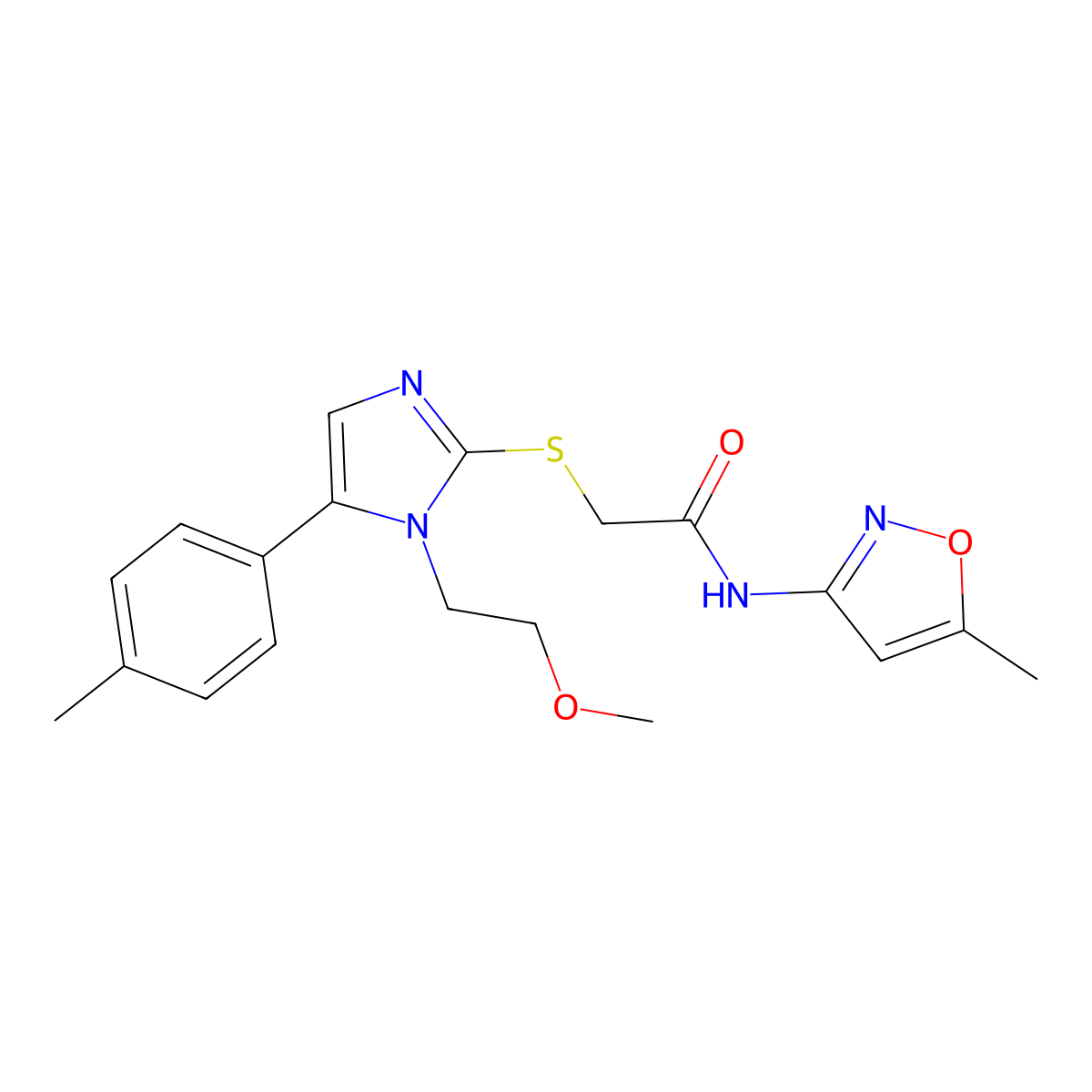 2-((1-(2-methoxyethyl)-5-(p-tolyl)-1H-imidazol-2-yl)thio)-N-(5-methylisoxazol-3-yl)acetamide molecular structure, CAS 1207020-39-0