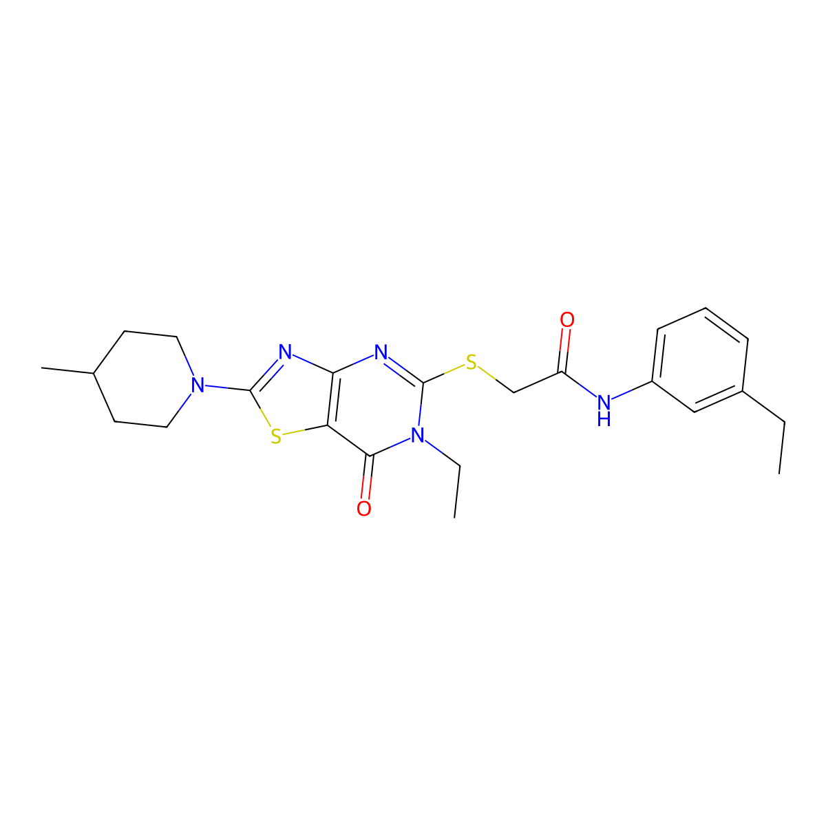 2-{[6-ethyl-2-(4-methylpiperidin-1-yl)-7-oxo-6H,7H-[1,3]thiazolo[4,5-d]pyrimidin-5-yl]sulfanyl}-N-(3-ethylphenyl)acetamide molecular structure, CAS 1207020-55-0