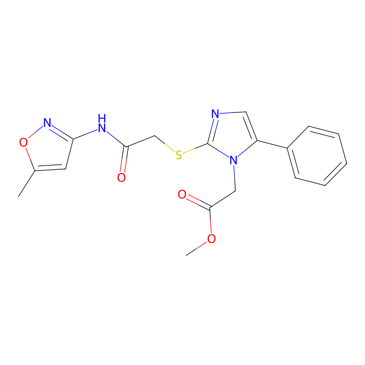 methyl 2-(2-((2-((5-methylisoxazol-3-yl)amino)-2-oxoethyl)thio)-5-phenyl-1H-imidazol-1-yl)acetate molecular structure, CAS 1207020-62-9