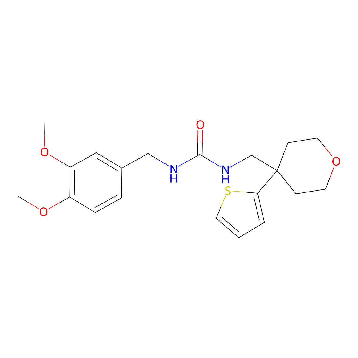 1-(3,4-dimethoxybenzyl)-3-((4-(thiophen-2-yl)tetrahydro-2H-pyran-4-yl)methyl)urea molecular structure, CAS 1207020-71-0