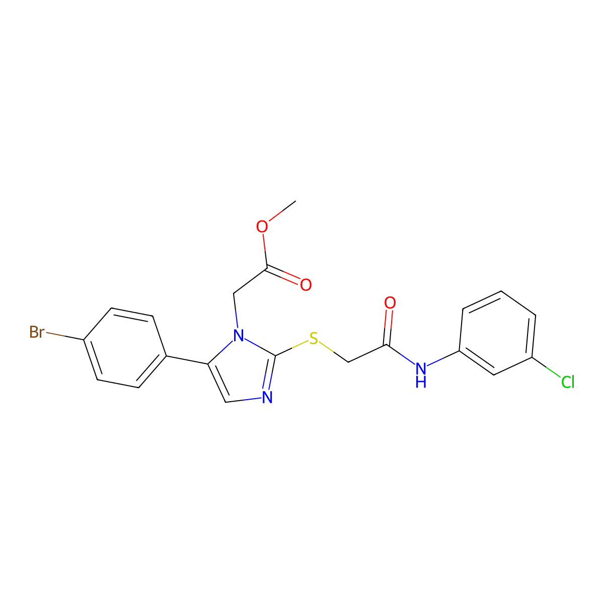 methyl 2-(5-(4-bromophenyl)-2-((2-((3-chlorophenyl)amino)-2-oxoethyl)thio)-1H-imidazol-1-yl)acetate molecular structure, CAS 1207020-75-4
