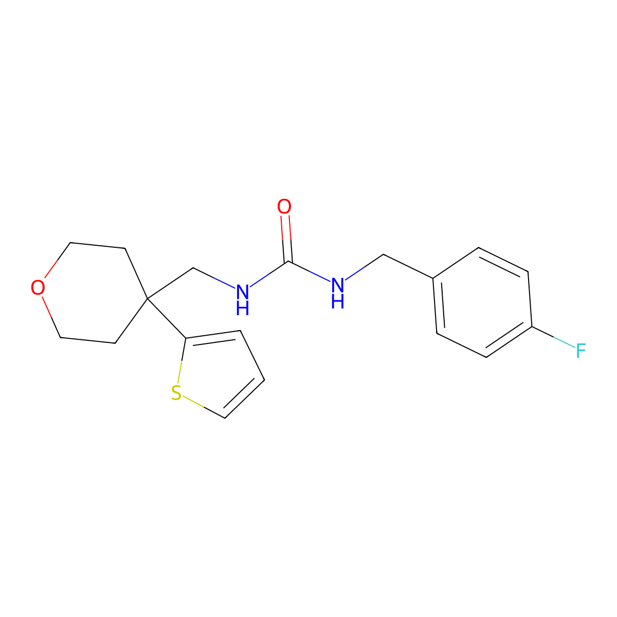1-(4-fluorobenzyl)-3-((4-(thiophen-2-yl)tetrahydro-2H-pyran-4-yl)methyl)urea molecular structure, CAS 1207020-77-6