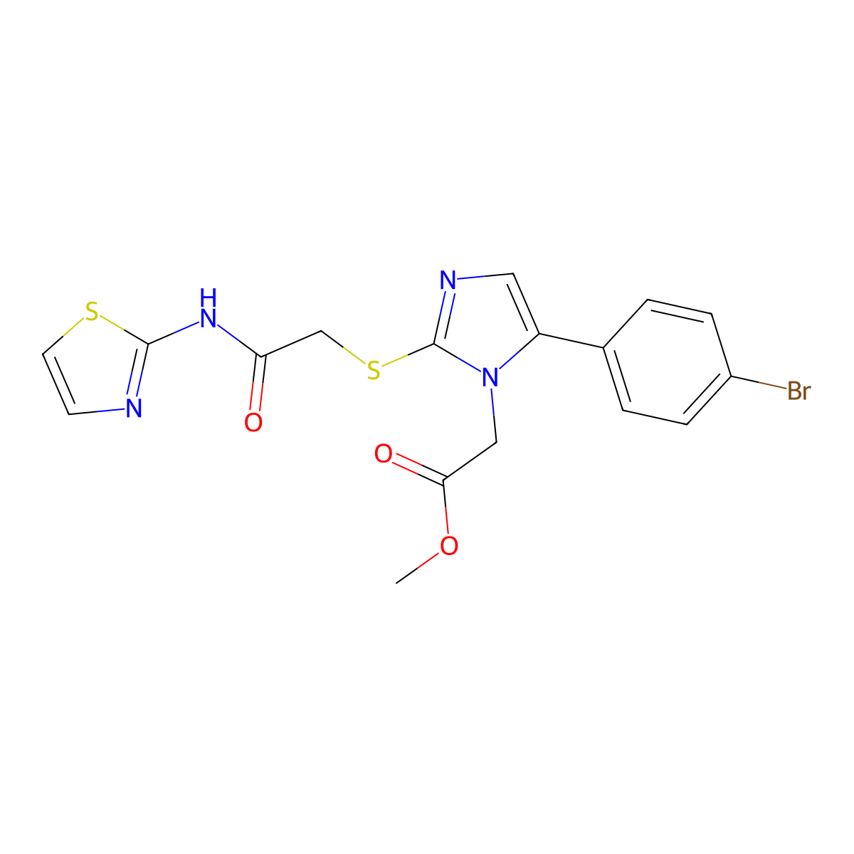 methyl 2-(5-(4-bromophenyl)-2-((2-oxo-2-(thiazol-2-ylamino)ethyl)thio)-1H-imidazol-1-yl)acetate molecular structure, CAS 1207020-86-7