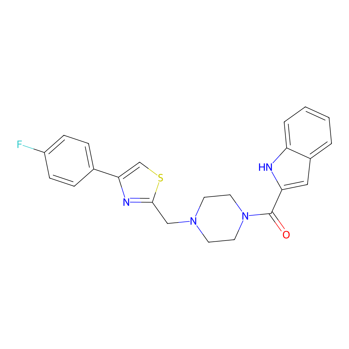 (4-((4-(4-fluorophenyl)thiazol-2-yl)methyl)piperazin-1-yl)(1H-indol-2-yl)methanone molecular structure, CAS 1207021-11-1