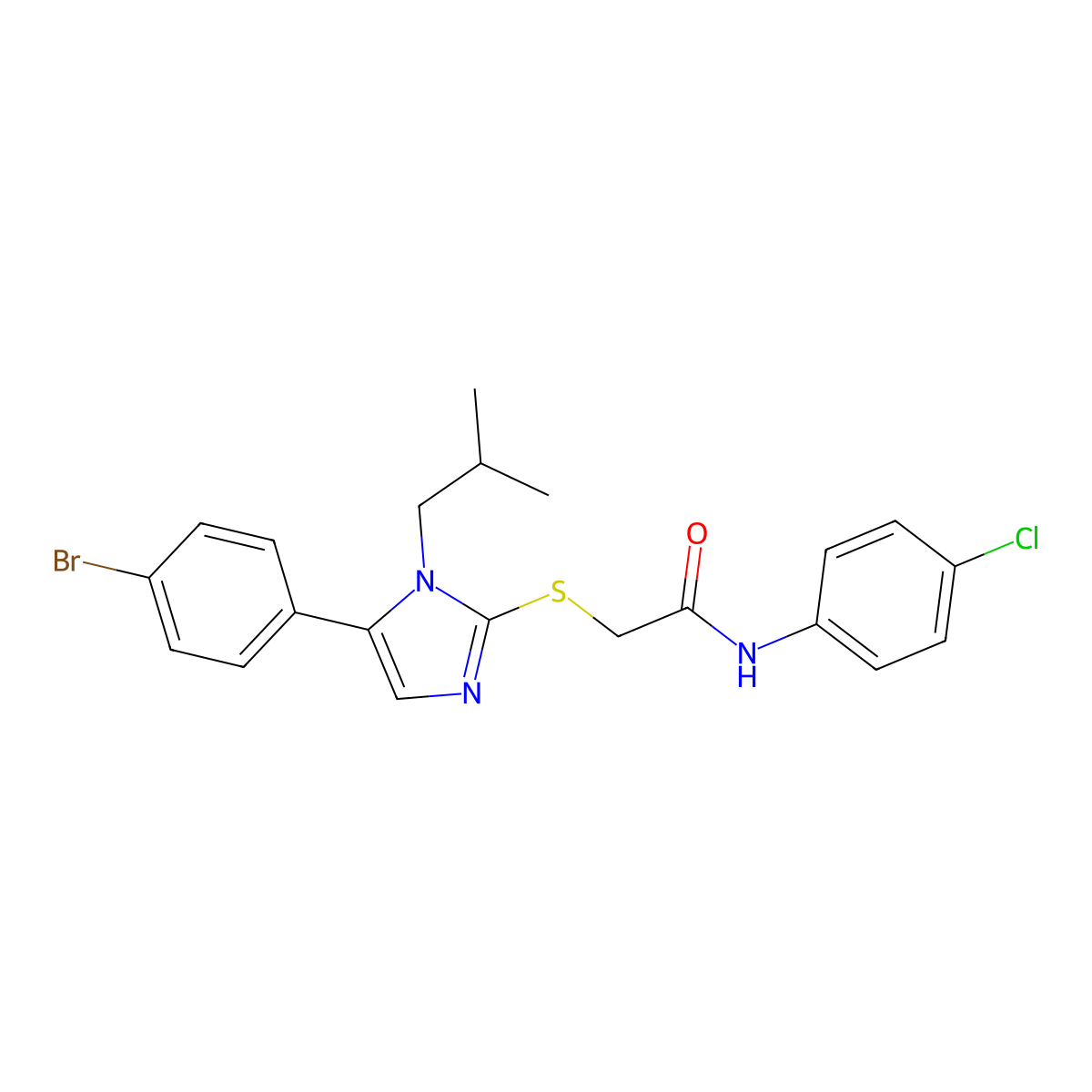2-((5-(4-bromophenyl)-1-isobutyl-1H-imidazol-2-yl)thio)-N-(4-chlorophenyl)acetamide molecular structure, CAS 1207021-28-0