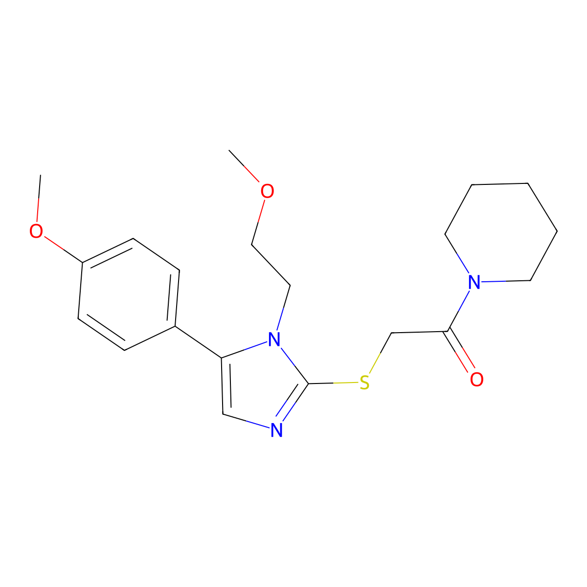 2-((1-(2-methoxyethyl)-5-(4-methoxyphenyl)-1H-imidazol-2-yl)thio)-1-(piperidin-1-yl)ethanone molecular structure, CAS 1207021-36-0