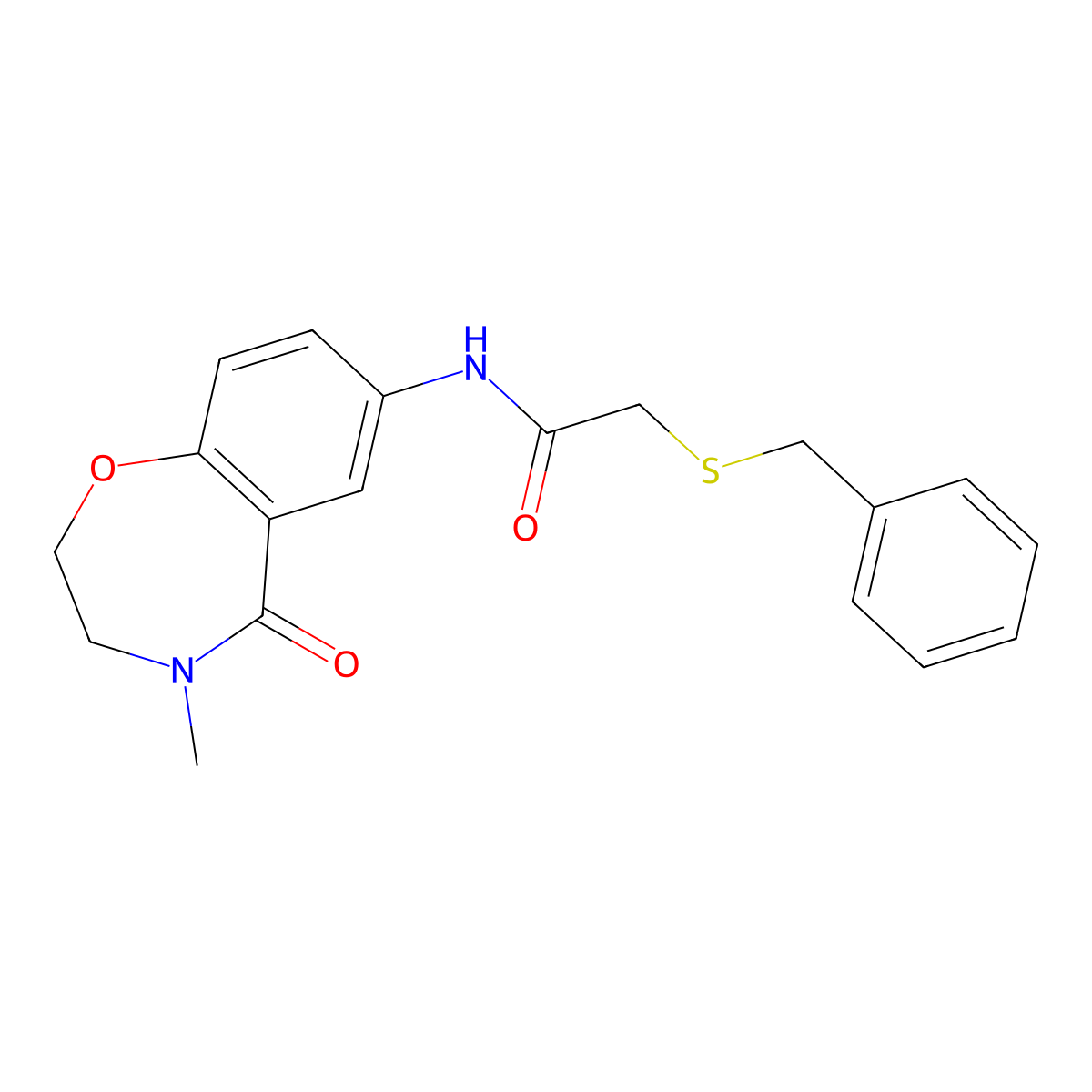 2-(benzylthio)-N-(4-methyl-5-oxo-2,3,4,5-tetrahydrobenzo[f][1,4]oxazepin-7-yl)acetamide molecular structure, CAS 1207021-39-3