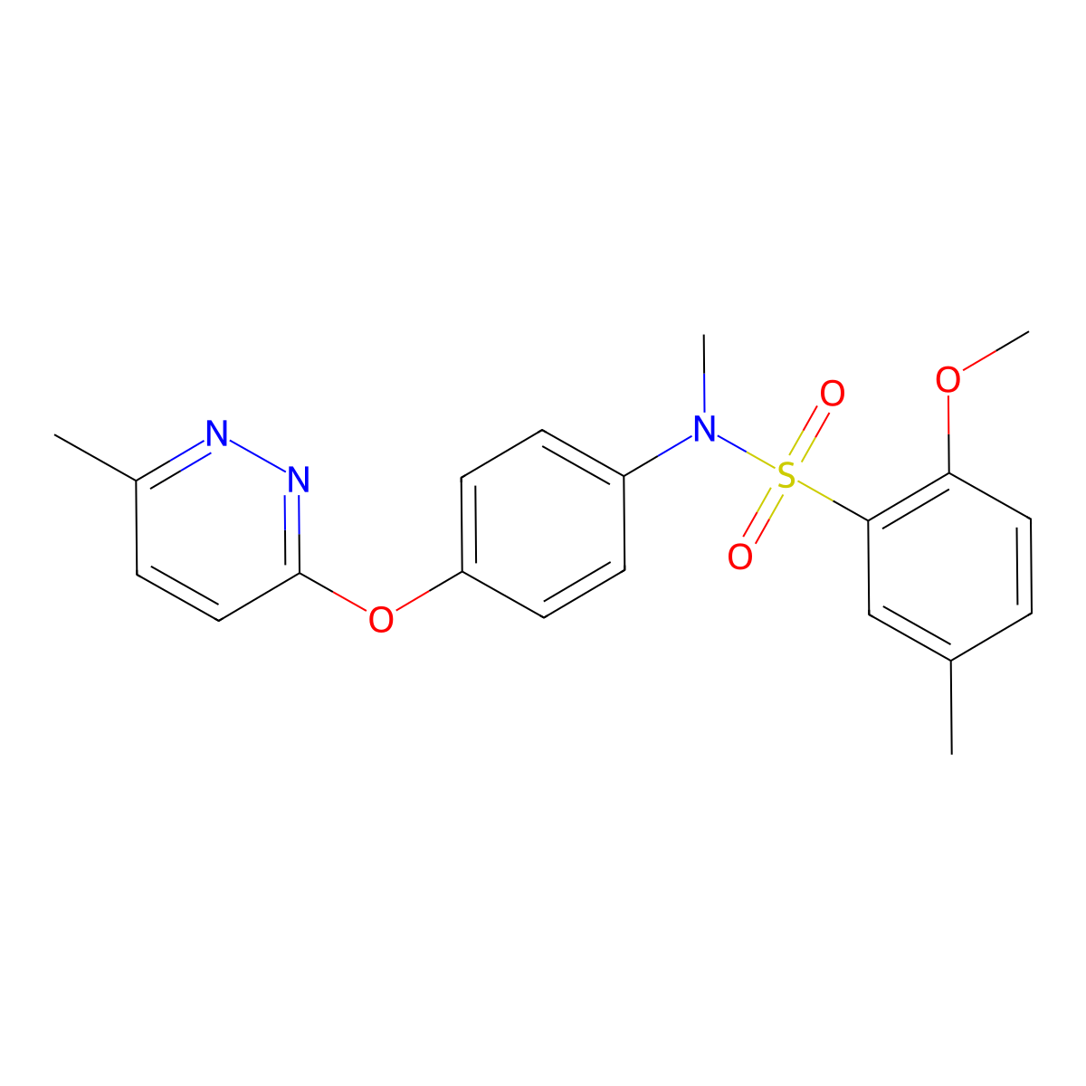 2-methoxy-N,5-dimethyl-N-(4-((6-methylpyridazin-3-yl)oxy)phenyl)benzenesulfonamide molecular structure, CAS 1207021-51-9