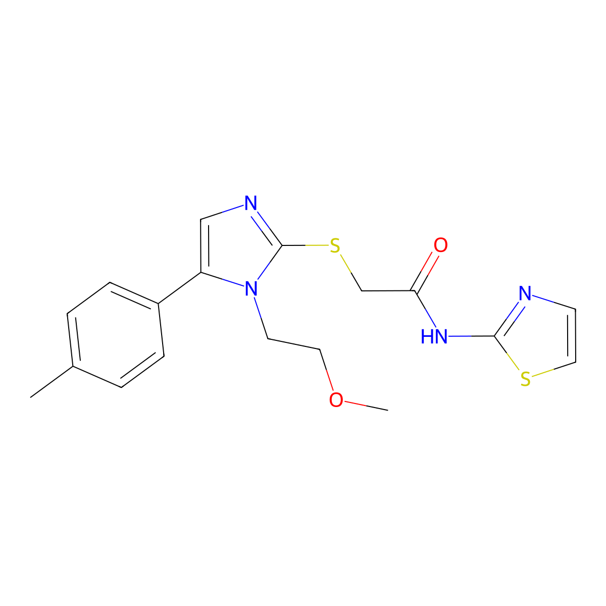 2-((1-(2-methoxyethyl)-5-(p-tolyl)-1H-imidazol-2-yl)thio)-N-(thiazol-2-yl)acetamide molecular structure, CAS 1207021-60-0