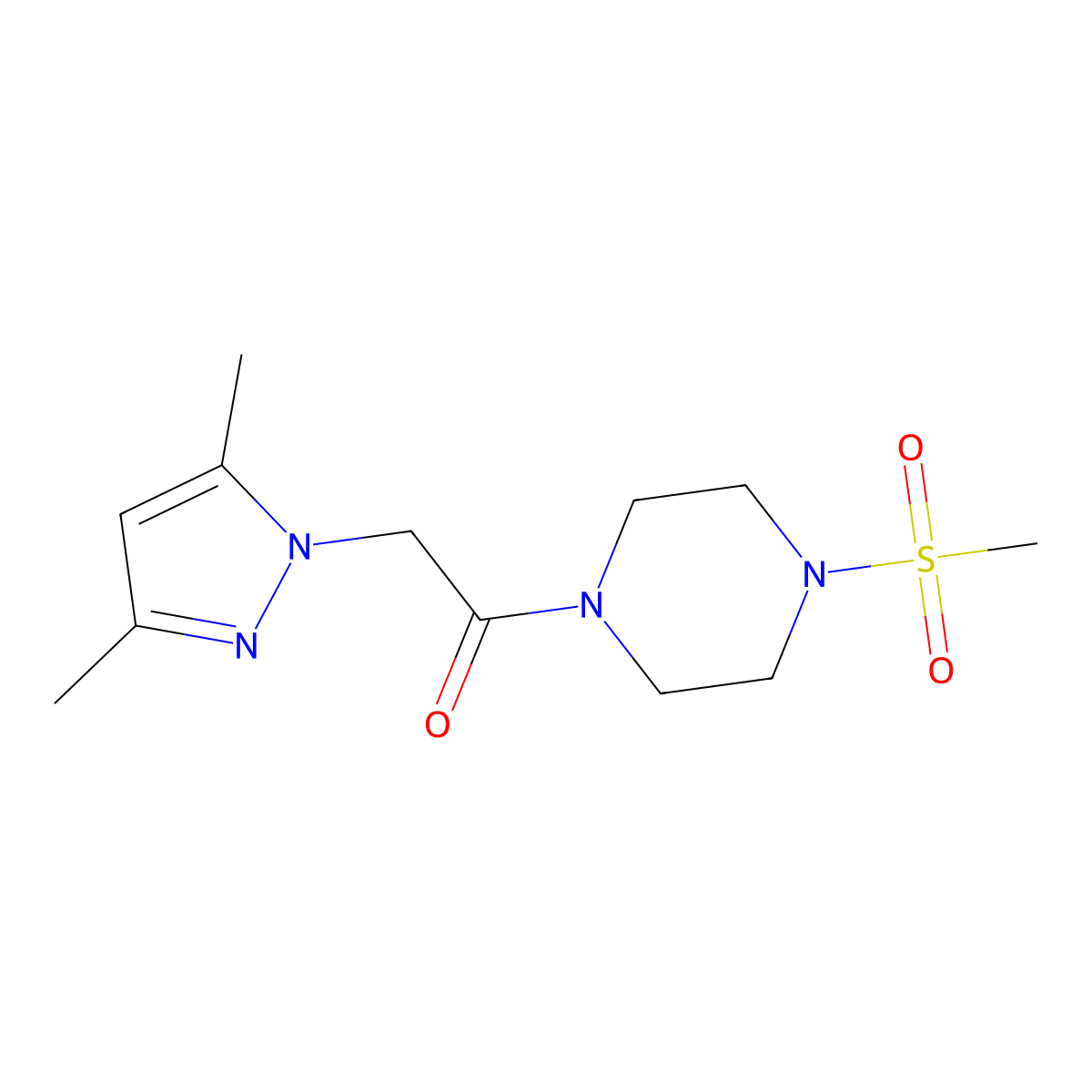 2-(3,5-dimethyl-1H-pyrazol-1-yl)-1-(4-(methylsulfonyl)piperazin-1-yl)ethanone molecular structure, CAS 1207021-61-1