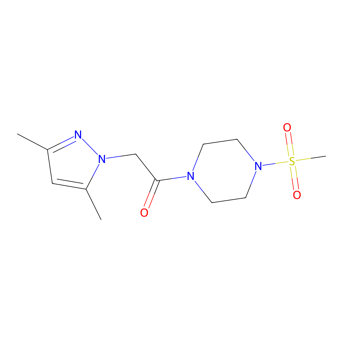 2-(3,5-dimethyl-1H-pyrazol-1-yl)-1-(4-(methylsulfonyl)piperazin-1-yl)ethanone molecular structure, CAS 1207021-61-1