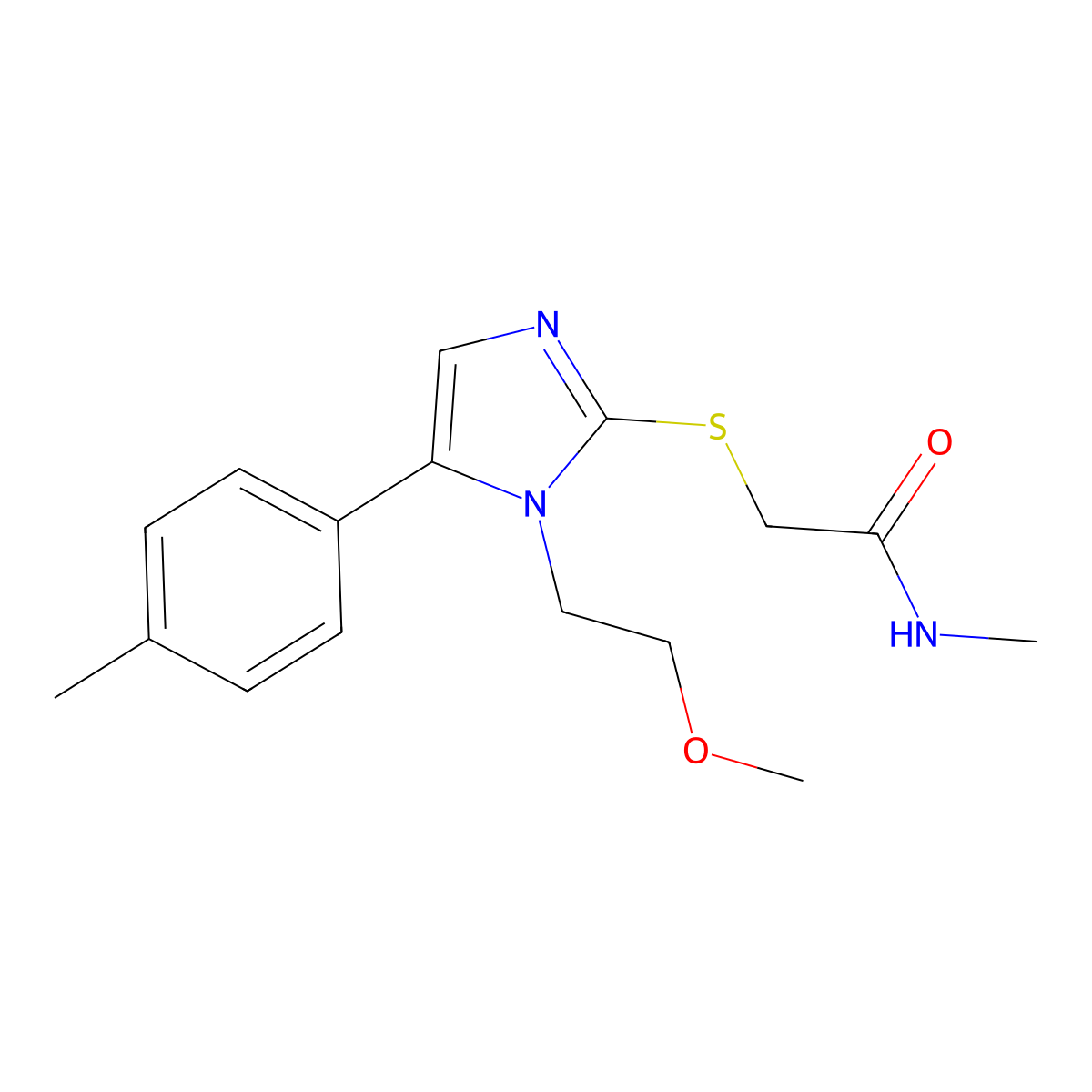 2-((1-(2-methoxyethyl)-5-(p-tolyl)-1H-imidazol-2-yl)thio)-N-methylacetamide molecular structure, CAS 1207021-65-5