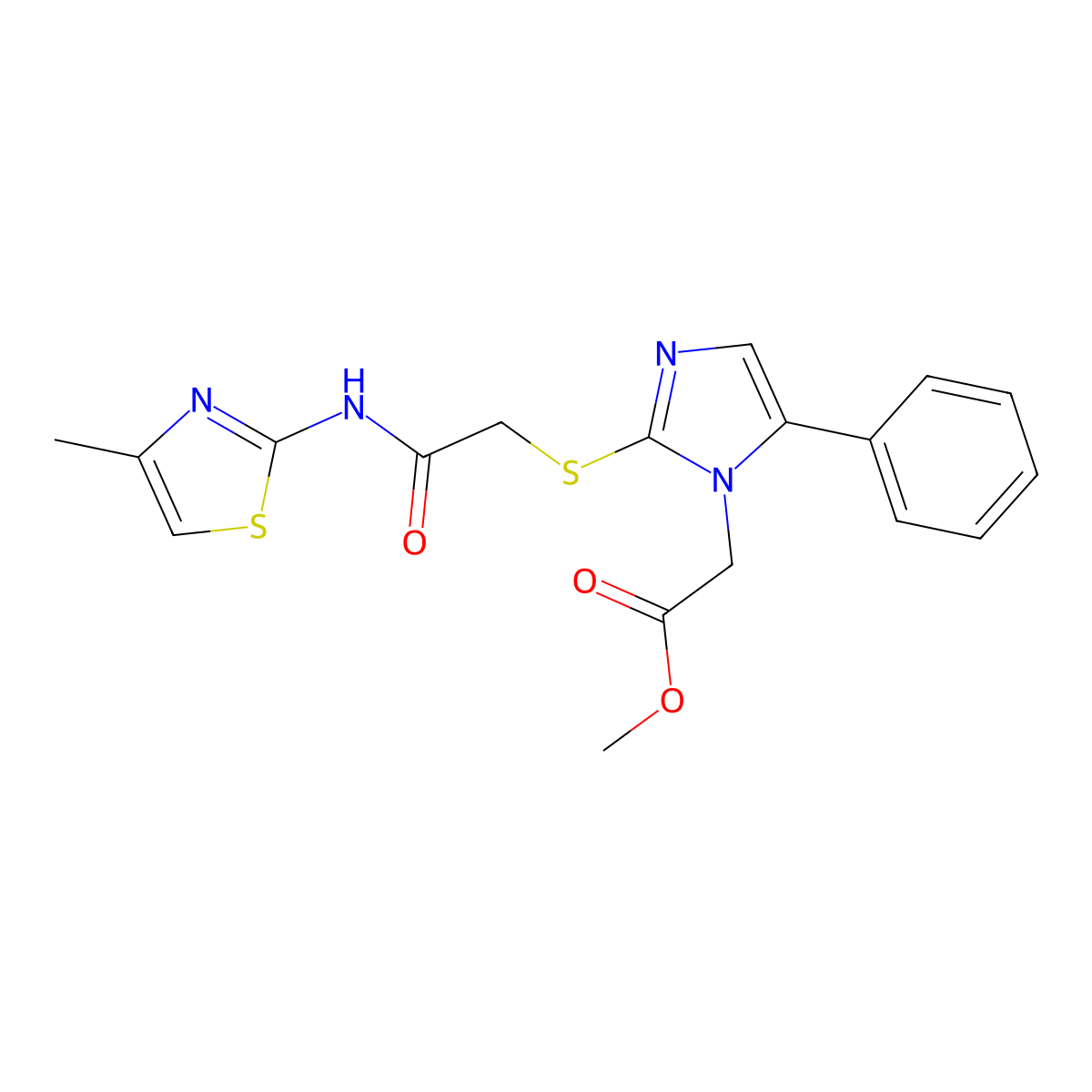 methyl 2-(2-((2-((4-methylthiazol-2-yl)amino)-2-oxoethyl)thio)-5-phenyl-1H-imidazol-1-yl)acetate molecular structure, CAS 1207021-78-0