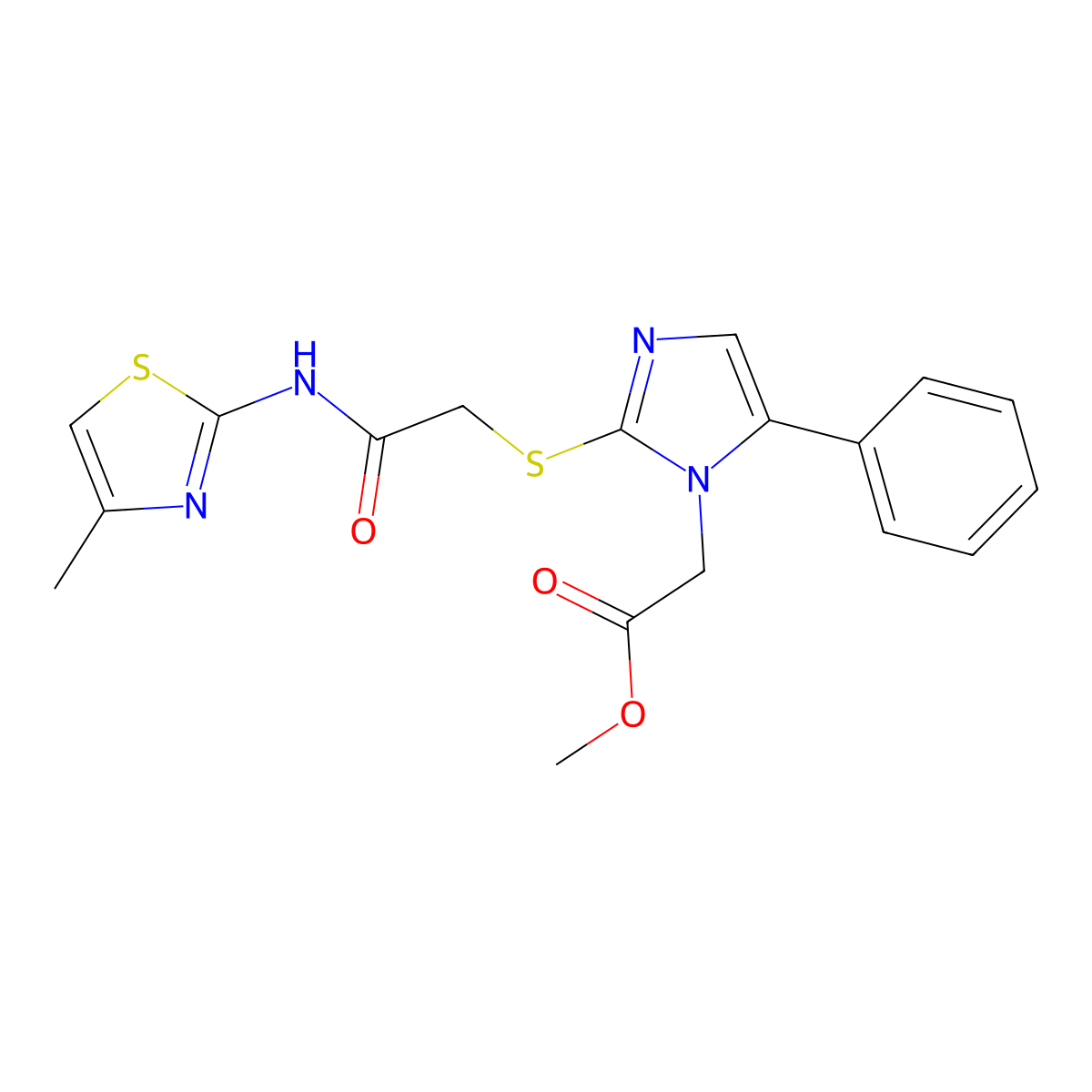 methyl 2-(2-((2-((4-methylthiazol-2-yl)amino)-2-oxoethyl)thio)-5-phenyl-1H-imidazol-1-yl)acetate molecular structure, CAS 1207021-78-0