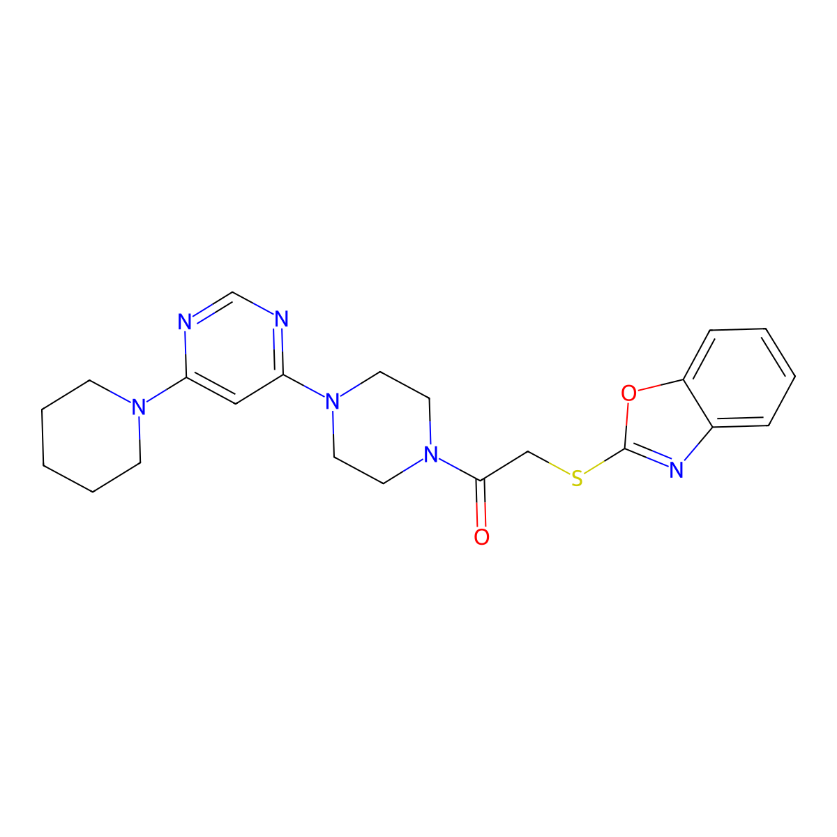 2-(Benzo[d]oxazol-2-ylthio)-1-(4-(6-(piperidin-1-yl)pyrimidin-4-yl)piperazin-1-yl)ethanone molecular structure, CAS 1207021-83-7