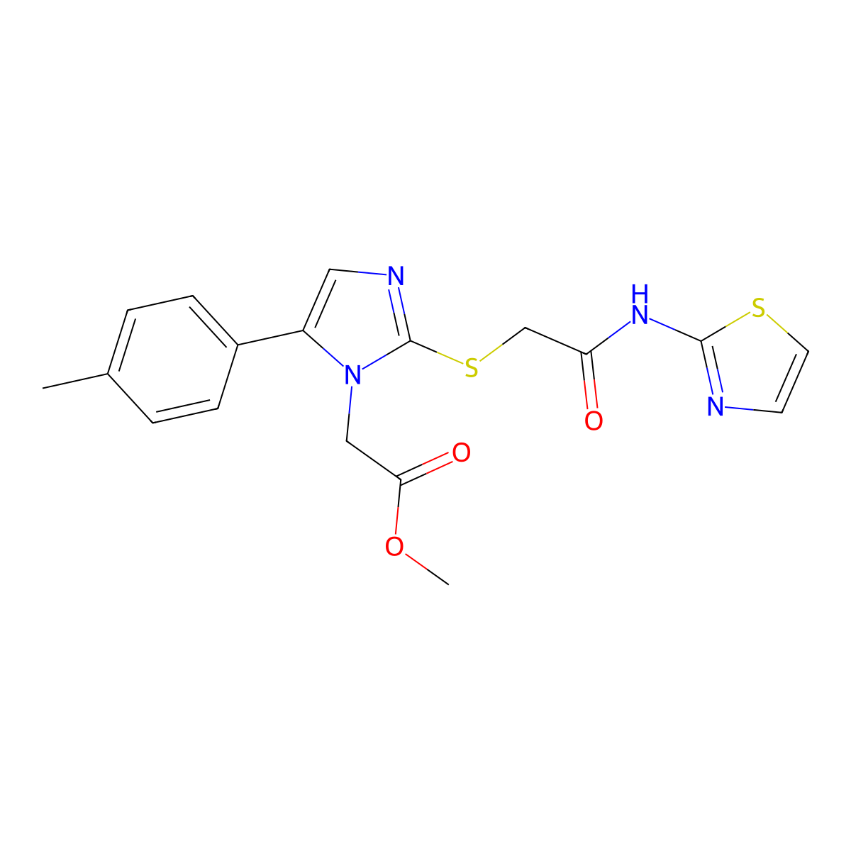 methyl 2-(2-((2-oxo-2-(thiazol-2-ylamino)ethyl)thio)-5-(p-tolyl)-1H-imidazol-1-yl)acetate molecular structure, CAS 1207021-85-9