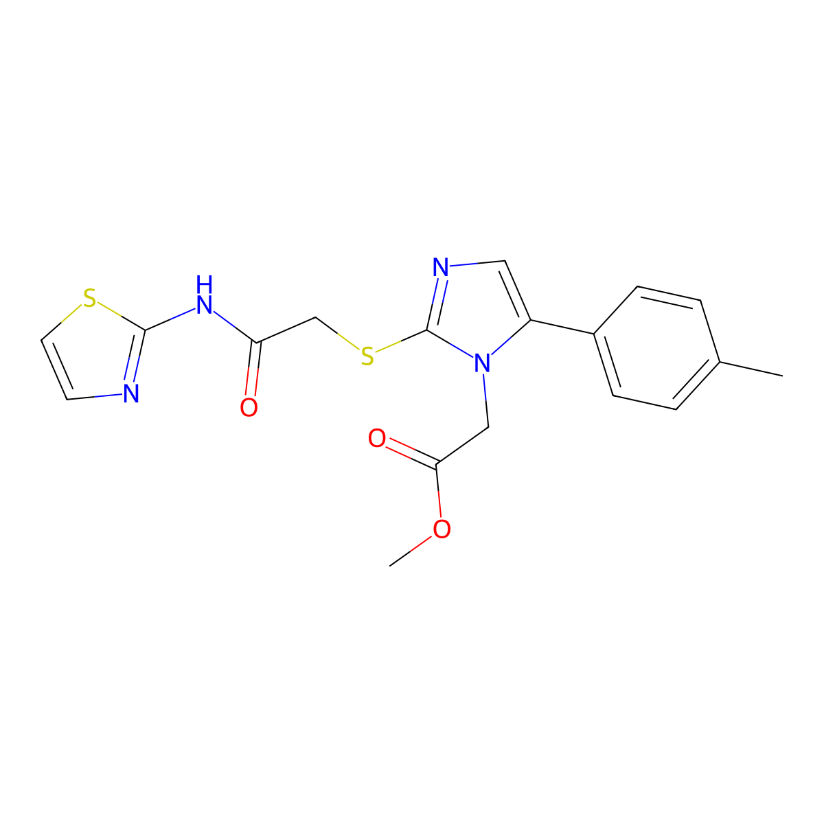 methyl 2-(2-((2-oxo-2-(thiazol-2-ylamino)ethyl)thio)-5-(p-tolyl)-1H-imidazol-1-yl)acetate molecular structure, CAS 1207021-85-9