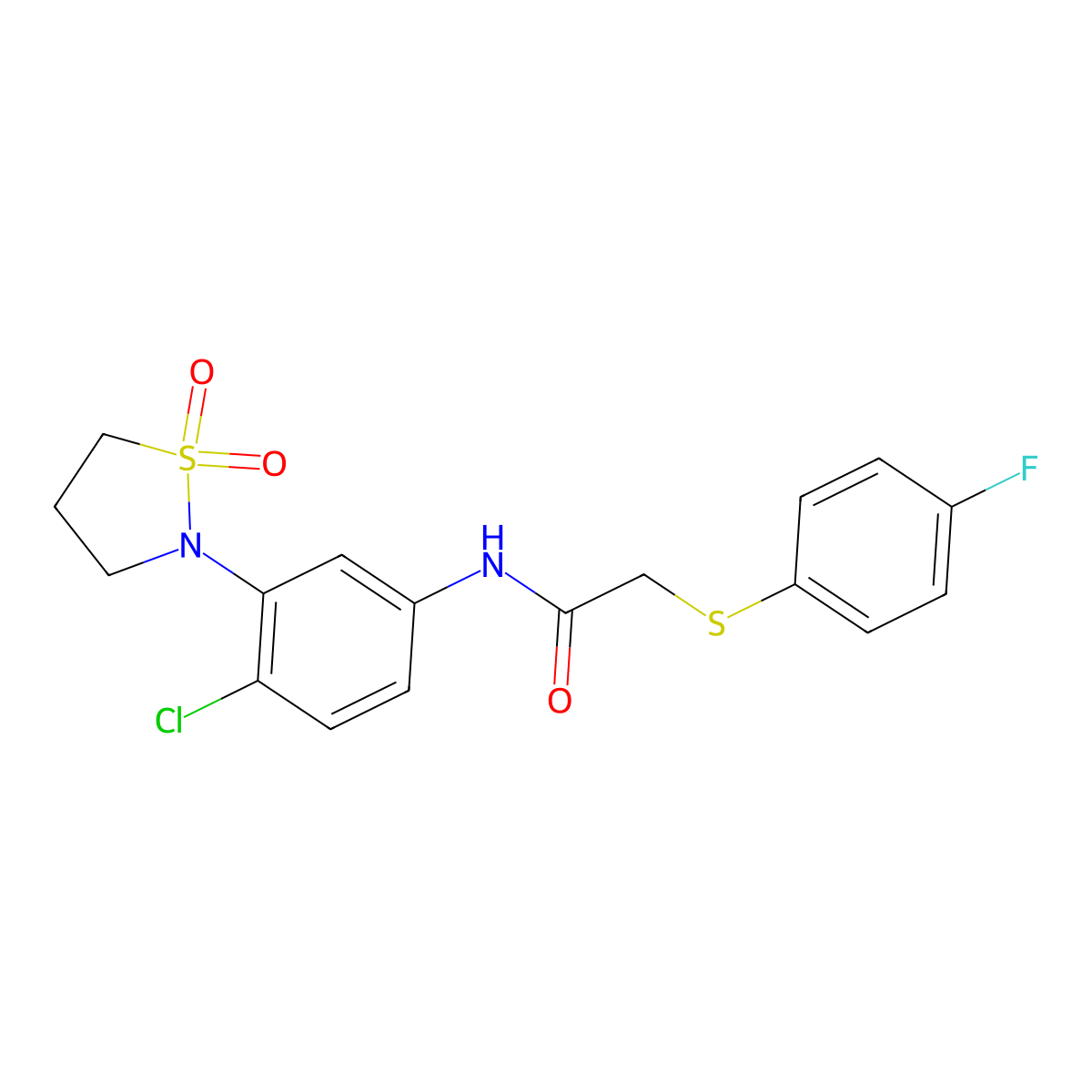 N-(4-chloro-3-(1,1-dioxidoisothiazolidin-2-yl)phenyl)-2-((4-fluorophenyl)thio)acetamide molecular structure, CAS 1207022-19-2