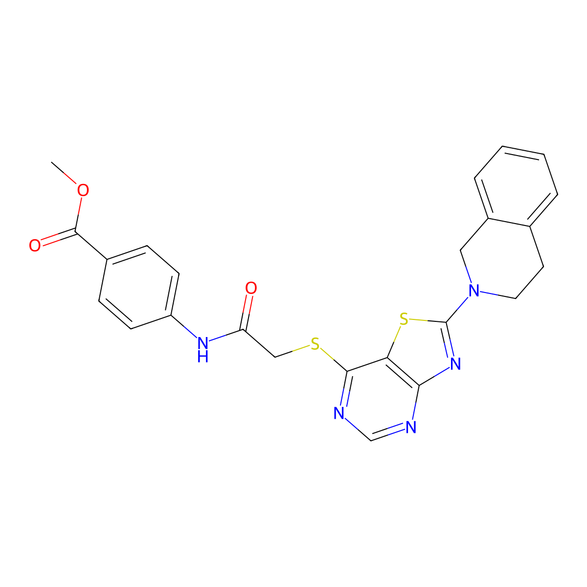 methyl 4-(2-((2-(3,4-dihydroisoquinolin-2(1H)-yl)thiazolo[4,5-d]pyrimidin-7-yl)thio)acetamido)benzoate molecular structure, CAS 1207022-25-0