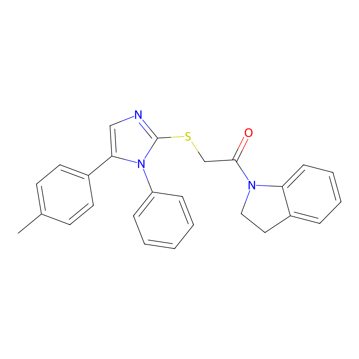 1-(indolin-1-yl)-2-((1-phenyl-5-(p-tolyl)-1H-imidazol-2-yl)thio)ethanone molecular structure, CAS 1207022-28-3