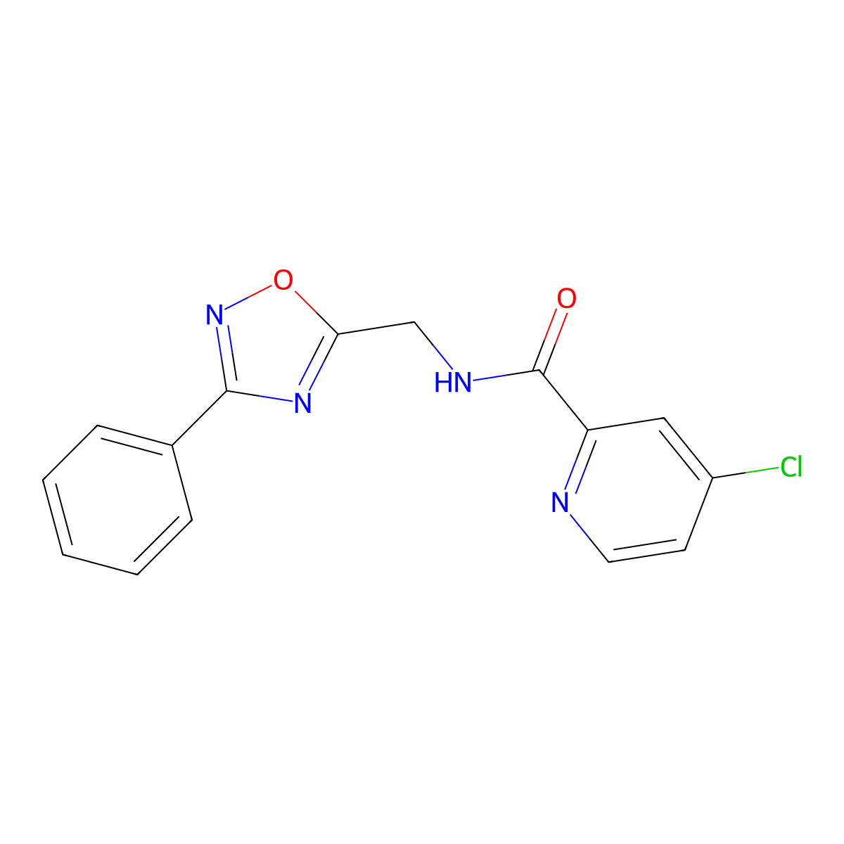 4-chloro-N-((3-phenyl-1,2,4-oxadiazol-5-yl)methyl)picolinamide molecular structure, CAS 1207022-30-7