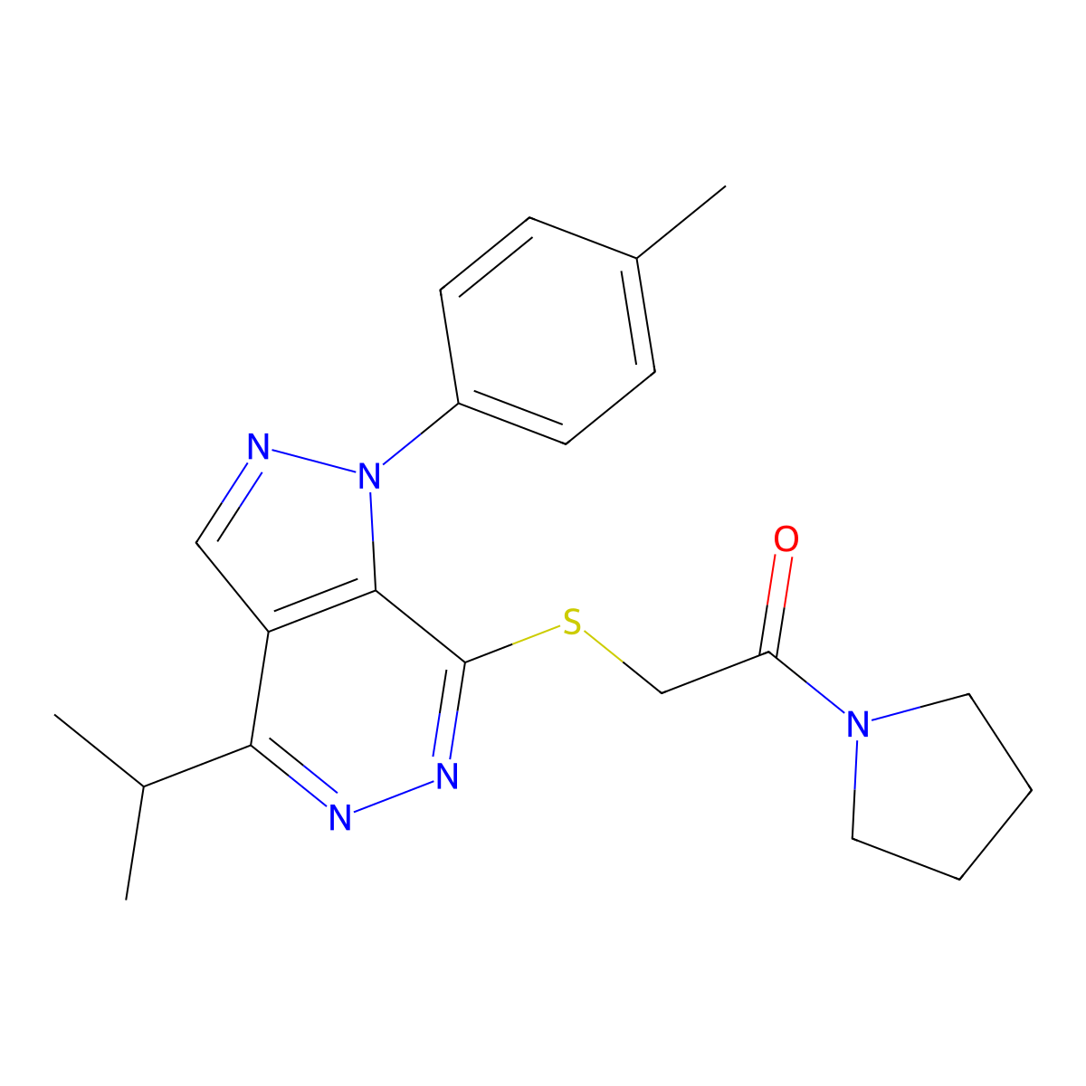 2-((4-isopropyl-1-(p-tolyl)-1H-pyrazolo[3,4-d]pyridazin-7-yl)thio)-1-(pyrrolidin-1-yl)ethanone molecular structure, CAS 1207022-31-8
