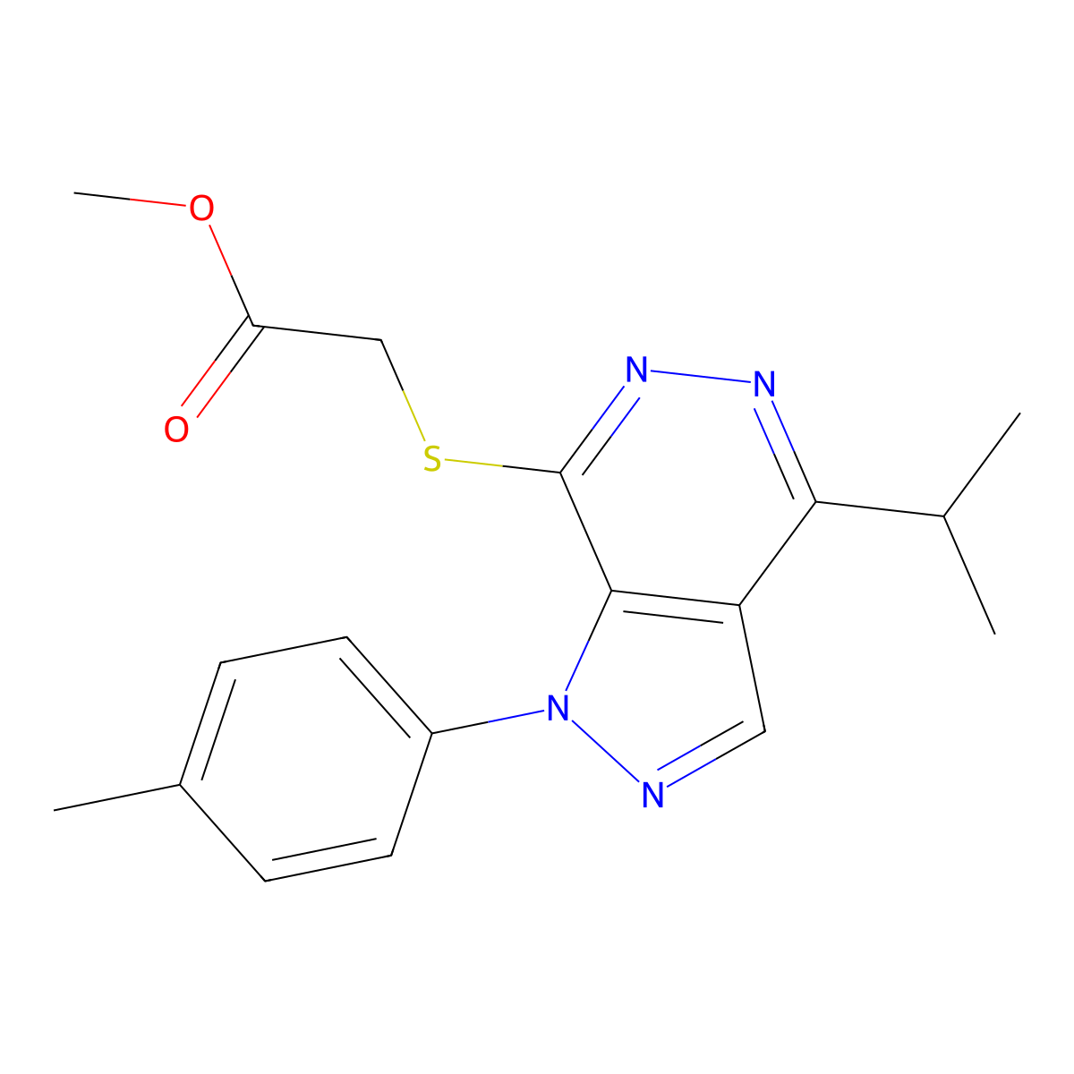 methyl 2-((4-isopropyl-1-(p-tolyl)-1H-pyrazolo[3,4-d]pyridazin-7-yl)thio)acetate molecular structure, CAS 1207022-39-6