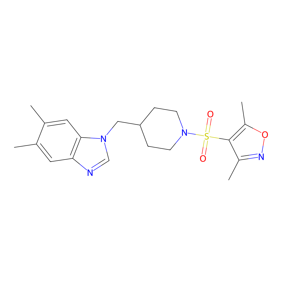 1-({1-[(3,5-dimethyl-1,2-oxazol-4-yl)sulfonyl]piperidin-4-yl}methyl)-5,6-dimethyl-1H-1,3-benzodiazole molecular structure, CAS 1207022-43-2