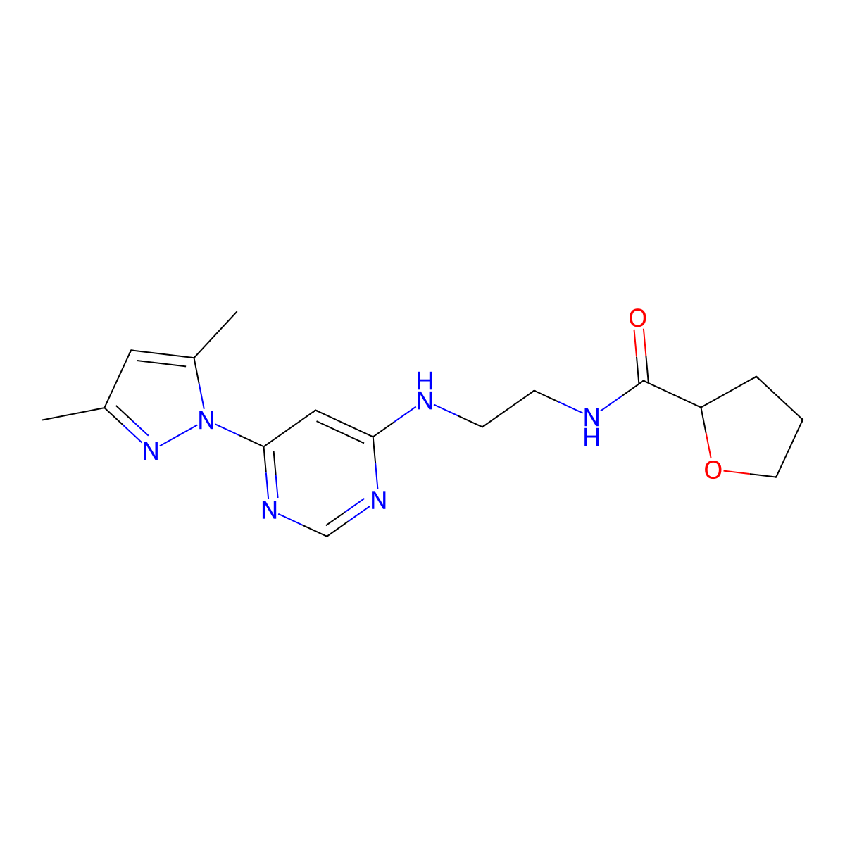 N-(2-((6-(3,5-dimethyl-1H-pyrazol-1-yl)pyrimidin-4-yl)amino)ethyl)tetrahydrofuran-2-carboxamide molecular structure, CAS 1207022-65-8