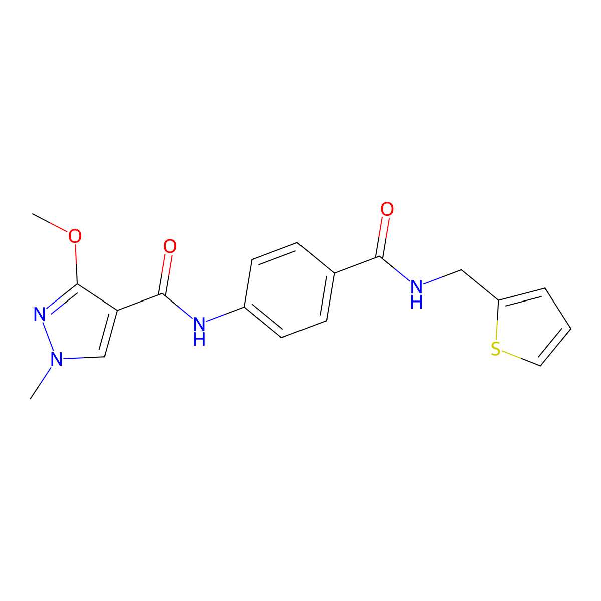 3-methoxy-1-methyl-N-(4-((thiophen-2-ylmethyl)carbamoyl)phenyl)-1H-pyrazole-4-carboxamide molecular structure, CAS 1207022-69-2