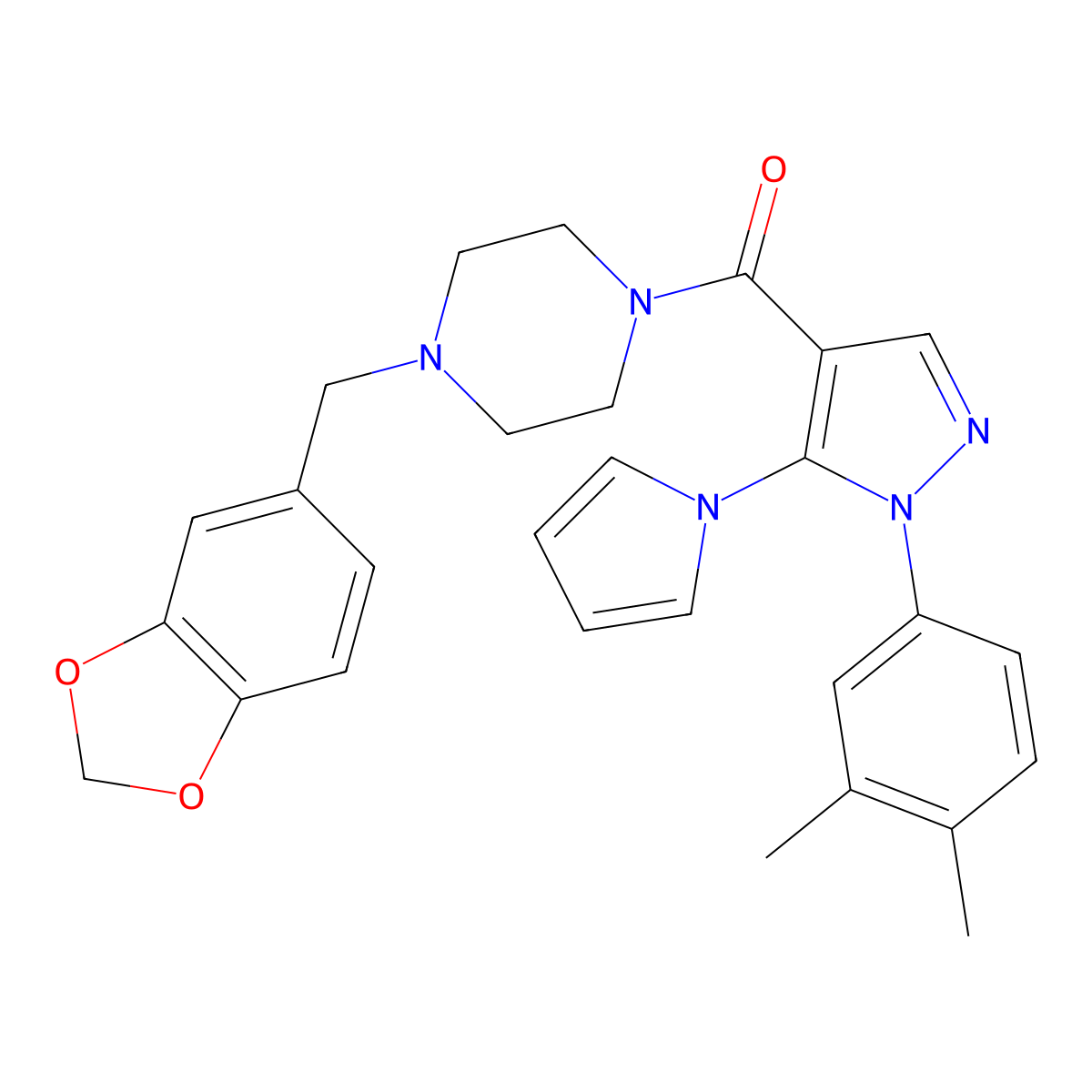 (4-(benzo[d][1,3]dioxol-5-ylmethyl)piperazin-1-yl)(1-(3,4-dimethylphenyl)-5-(1H-pyrrol-1-yl)-1H-pyrazol-4-yl)methanone molecular structure, CAS 1207022-77-2