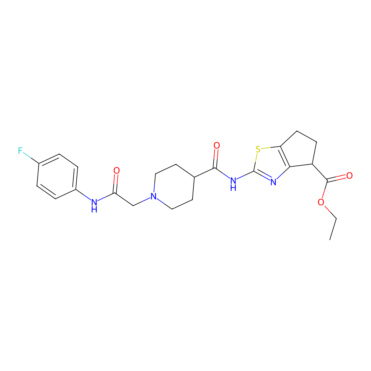 ethyl 2-(1-(2-((4-fluorophenyl)amino)-2-oxoethyl)piperidine-4-carboxamido)-5,6-dihydro-4H-cyclopenta[d]thiazole-4-carboxylate molecular structure, CAS 1207022-85-2
