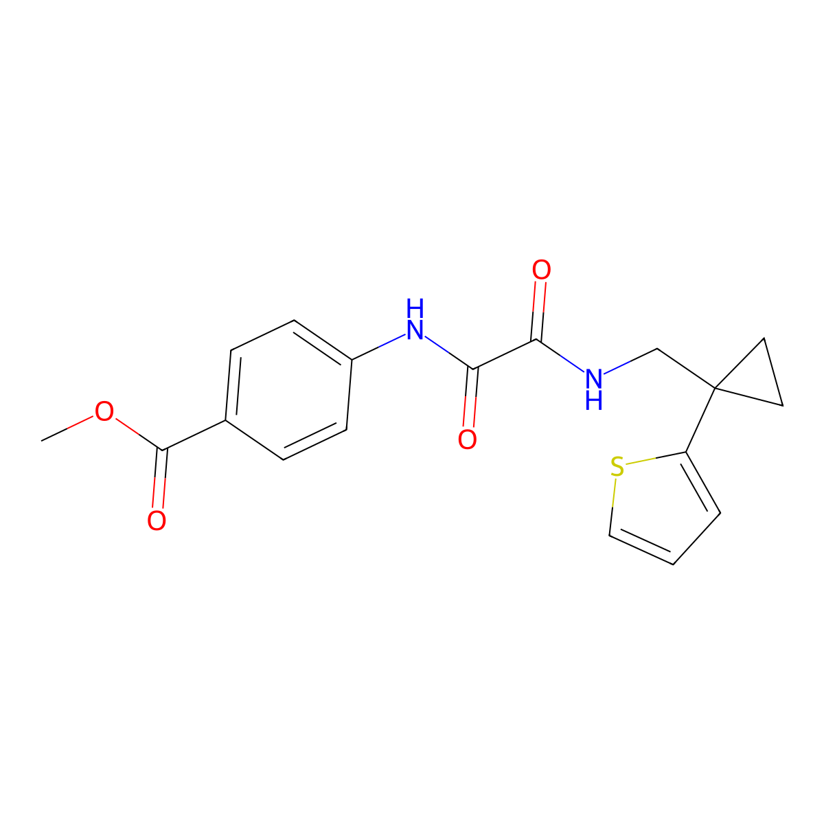 Methyl 4-(2-oxo-2-(((1-(thiophen-2-yl)cyclopropyl)methyl)amino)acetamido)benzoate molecular structure, CAS 1207022-88-5