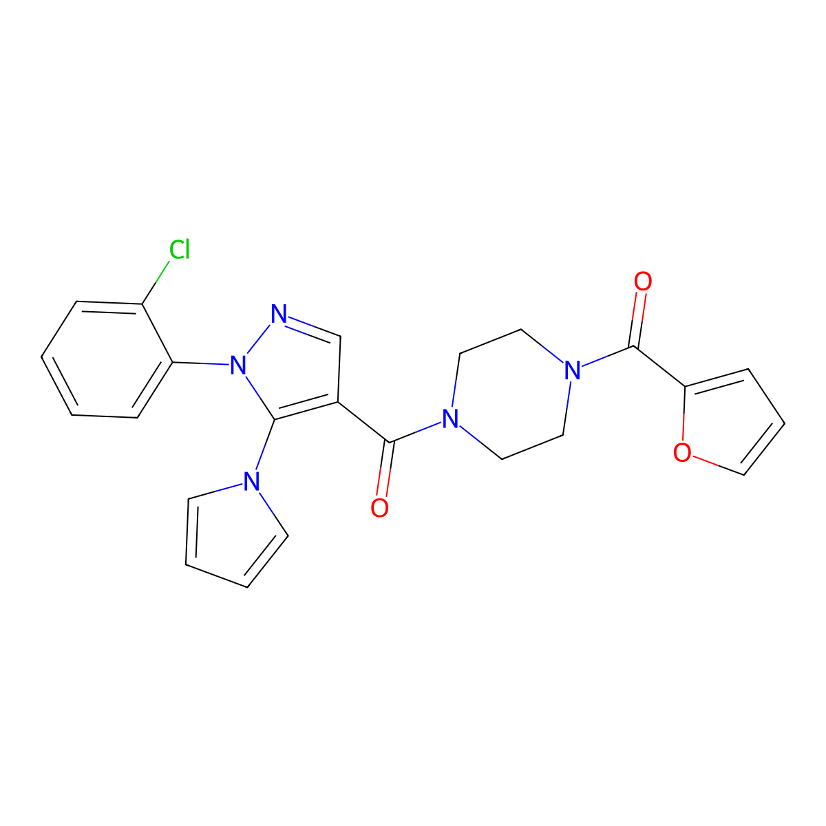 (1-(2-chlorophenyl)-5-(1H-pyrrol-1-yl)-1H-pyrazol-4-yl)(4-(furan-2-carbonyl)piperazin-1-yl)methanone molecular structure, CAS 1207022-90-9